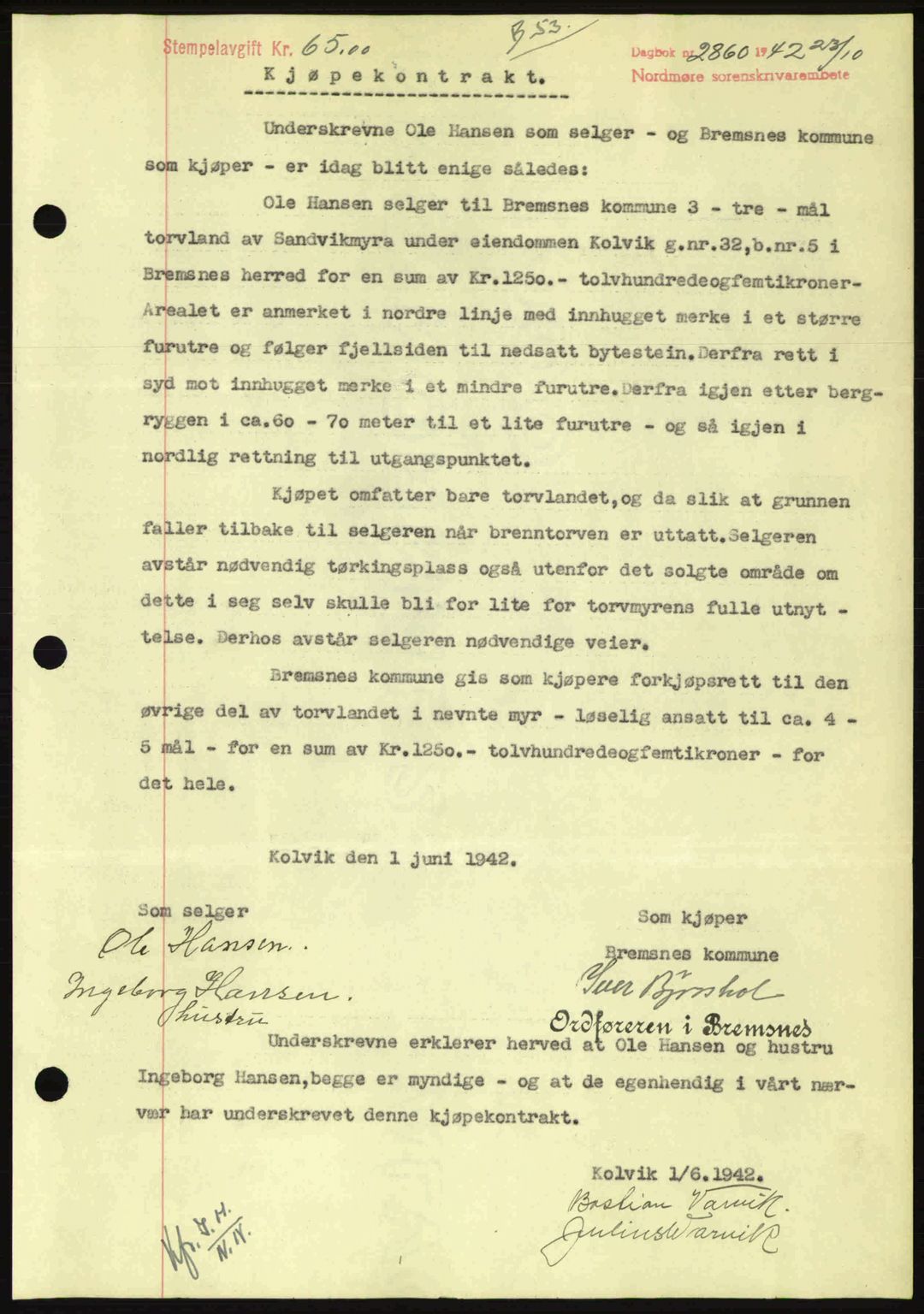Nordmøre sorenskriveri, SAT/A-4132/1/2/2Ca: Pantebok nr. B90, 1942-1943, Dagboknr: 2860/1942