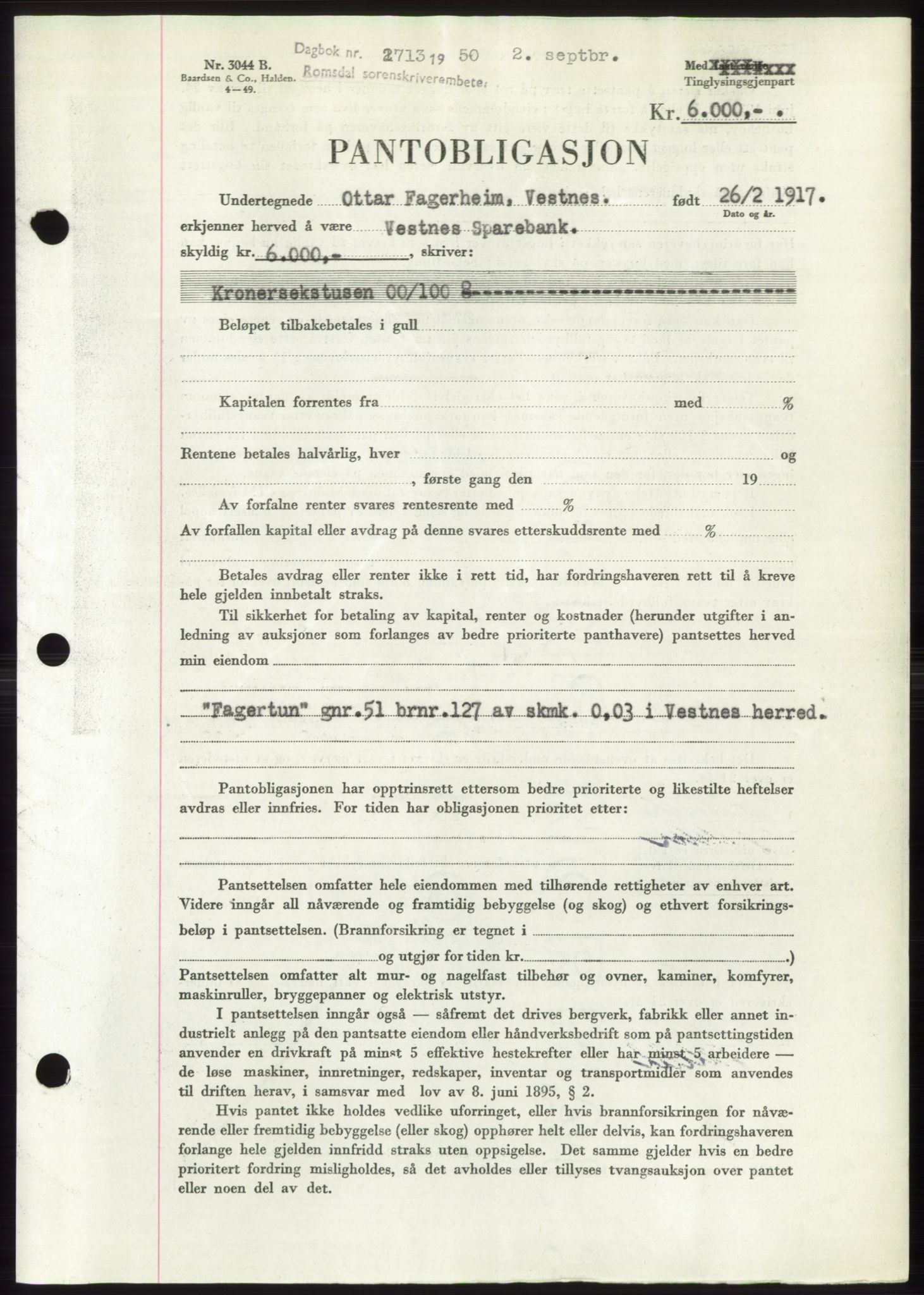 Romsdal sorenskriveri, AV/SAT-A-4149/1/2/2C: Pantebok nr. B5, 1949-1950, Dagboknr: 2713/1950