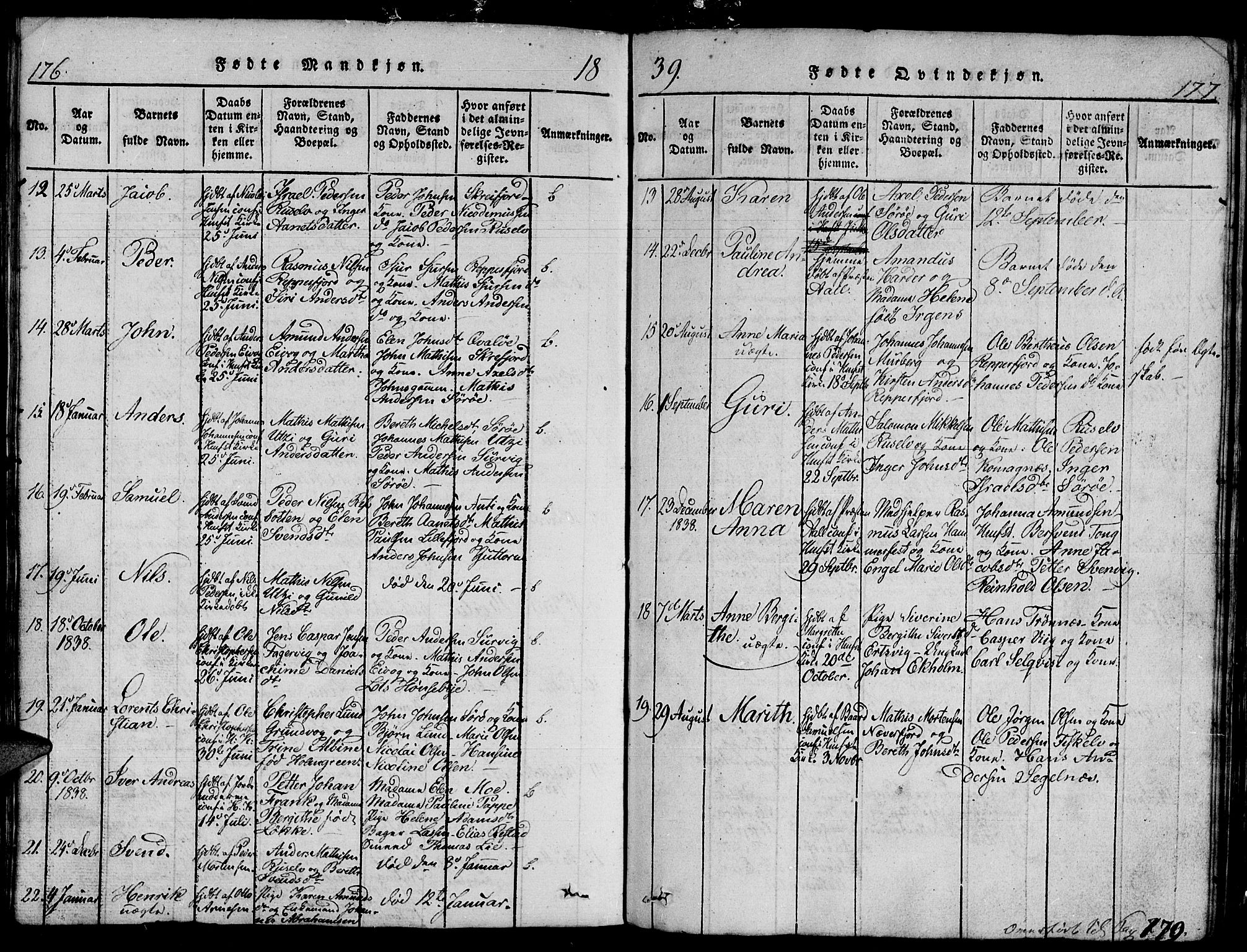 Hammerfest sokneprestkontor, AV/SATØ-S-1347/H/Hb/L0001.klokk: Klokkerbok nr. 1, 1822-1850, s. 176-177