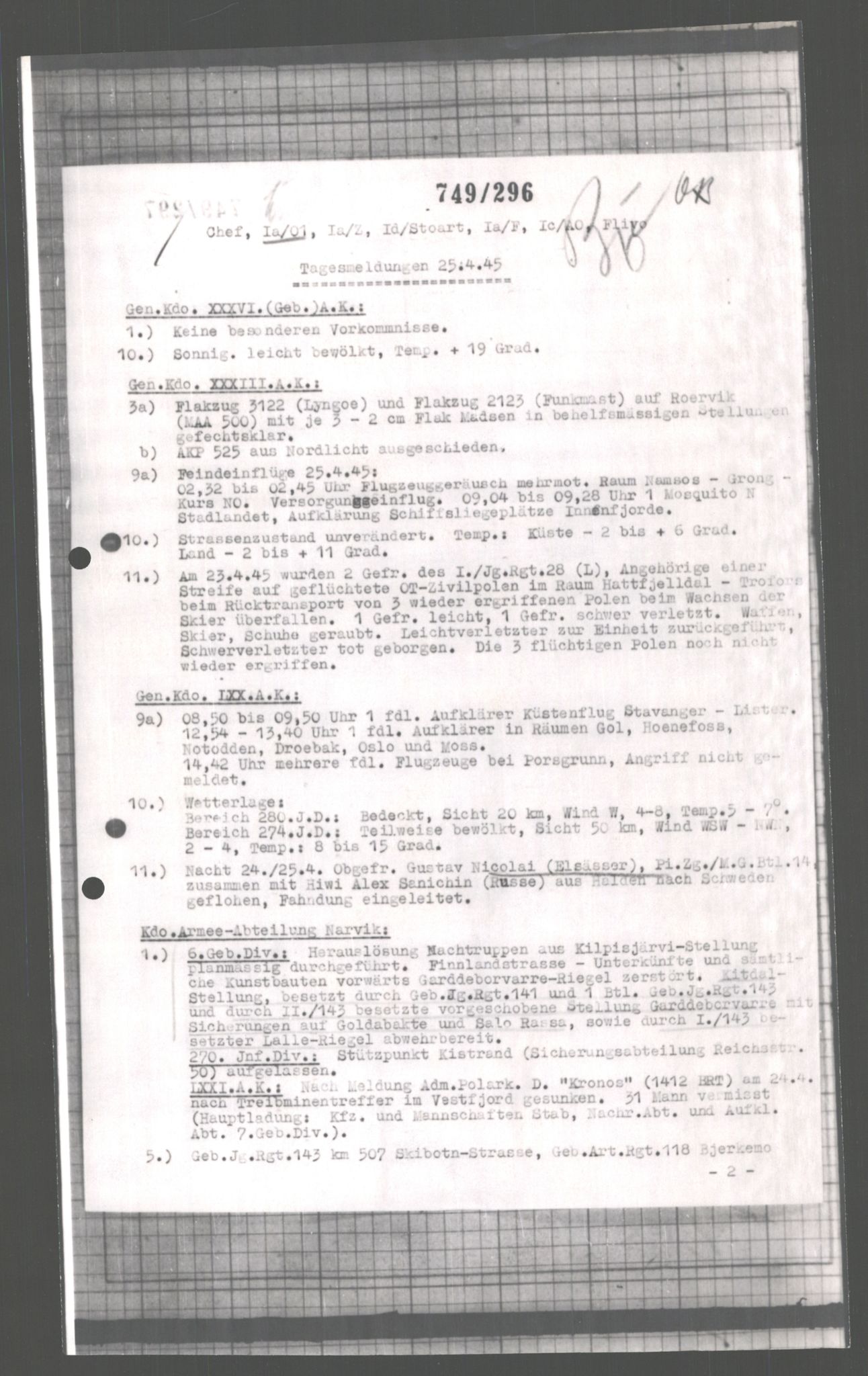 Forsvarets Overkommando. 2 kontor. Arkiv 11.4. Spredte tyske arkivsaker, AV/RA-RAFA-7031/D/Dar/Dara/L0004: Krigsdagbøker for 20. Gebirgs-Armee-Oberkommando (AOK 20), 1945, s. 761