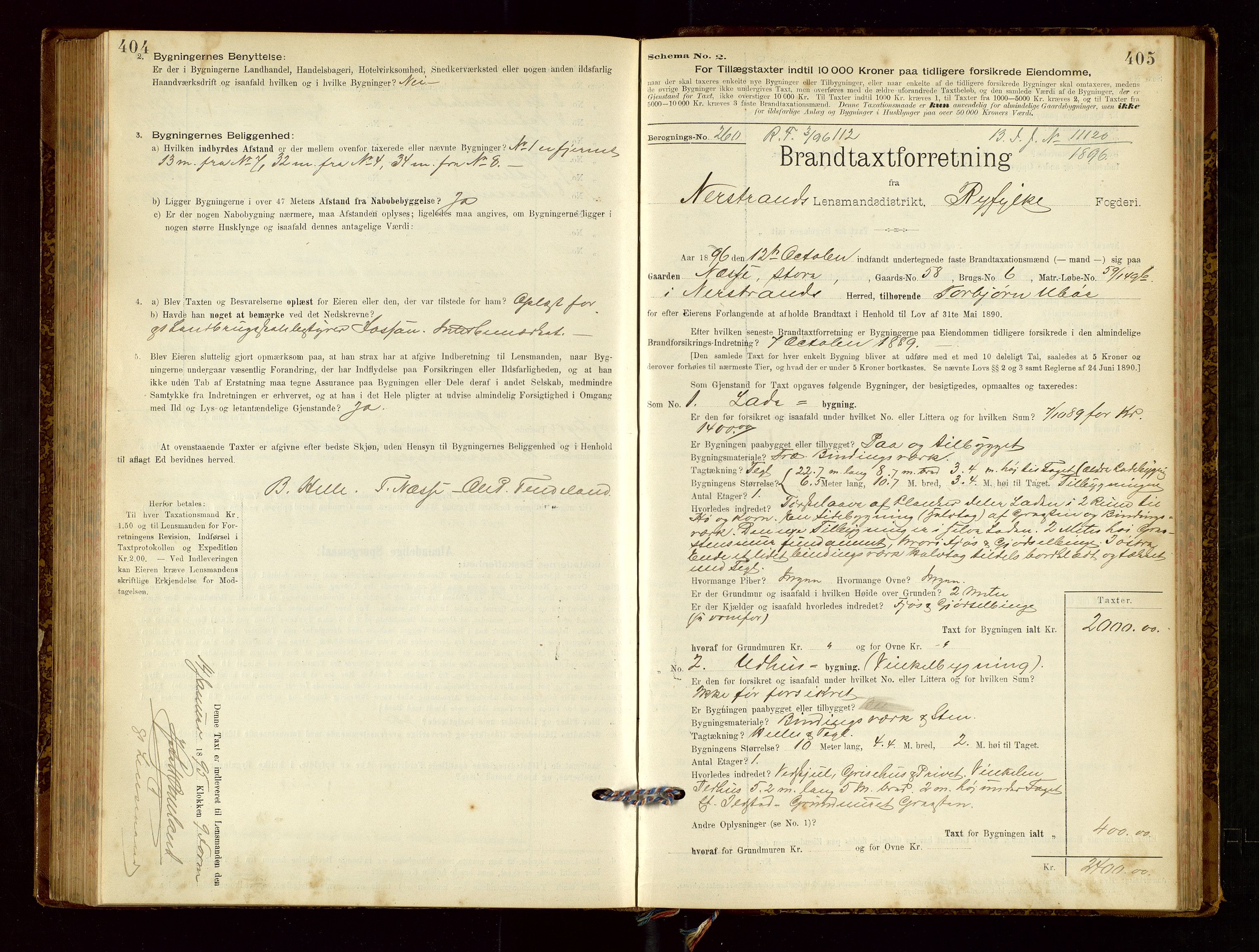 Nedstrand lensmannskontor, SAST/A-100236/Gob/L0001: "Brandtaxationsprotokol for Nerstrand Lensmandsdistrikt Ryfylke fogderi", 1895-1915, s. 404-405