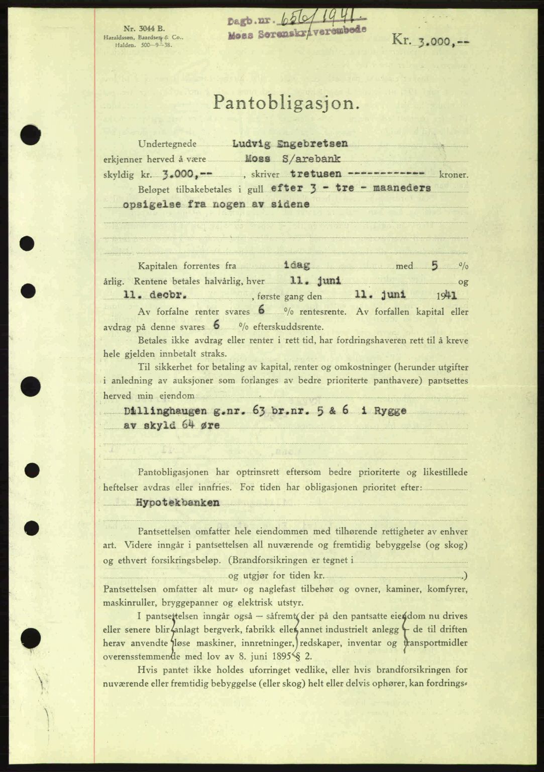 Moss sorenskriveri, SAO/A-10168: Pantebok nr. B10, 1940-1941, Dagboknr: 646/1941