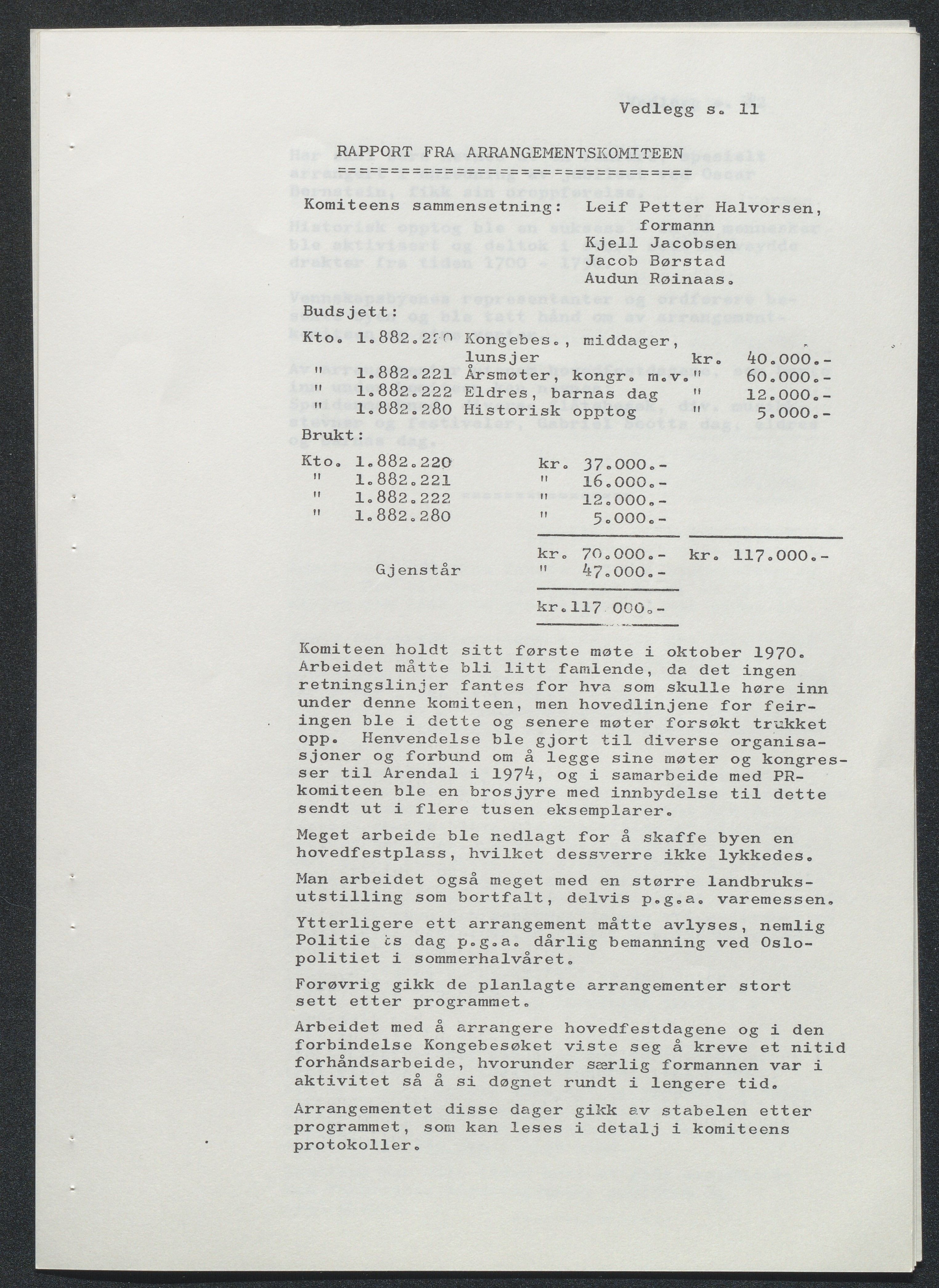 Byjubileet i Arendal 1973 , AAKS/KA0906-492a/E/E01/L0002: Arbeidsutvalget, 1970-1973