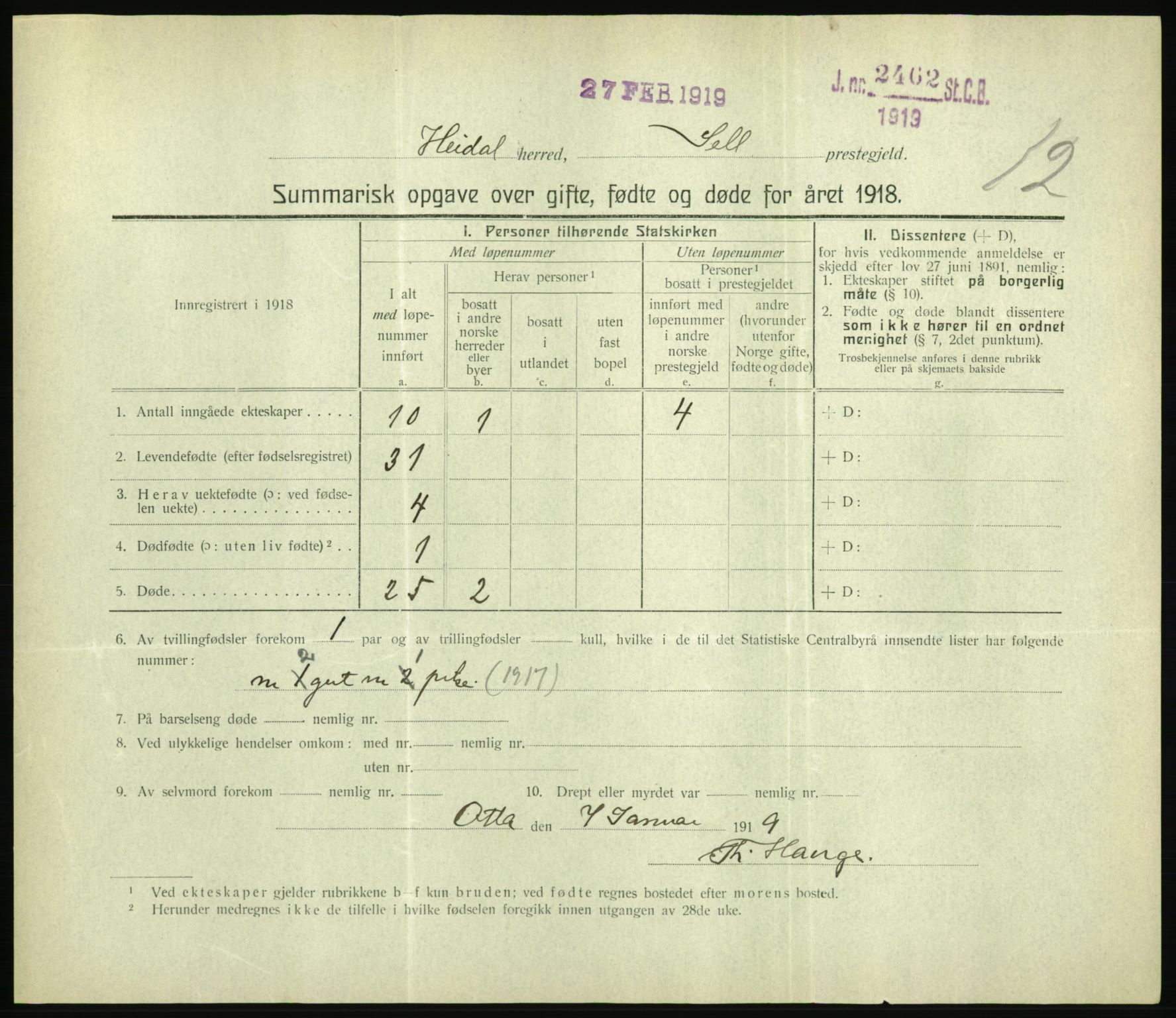 Statistisk sentralbyrå, Sosiodemografiske emner, Befolkning, RA/S-2228/D/Df/Dfb/Dfbh/L0059: Summariske oppgaver over gifte, fødte og døde for hele landet., 1918, s. 319