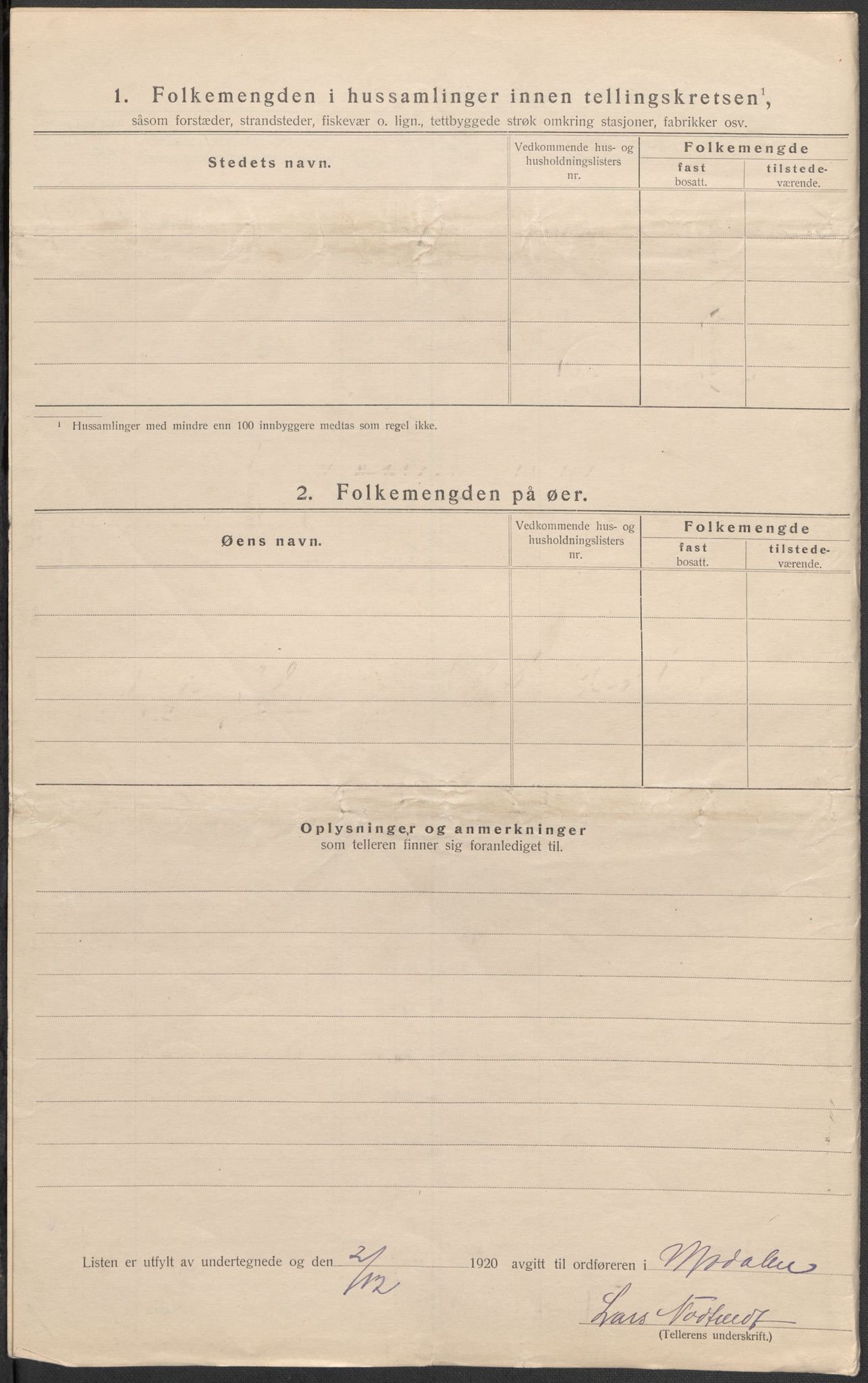 SAB, Folketelling 1920 for 1252 Modalen herred, 1920, s. 6