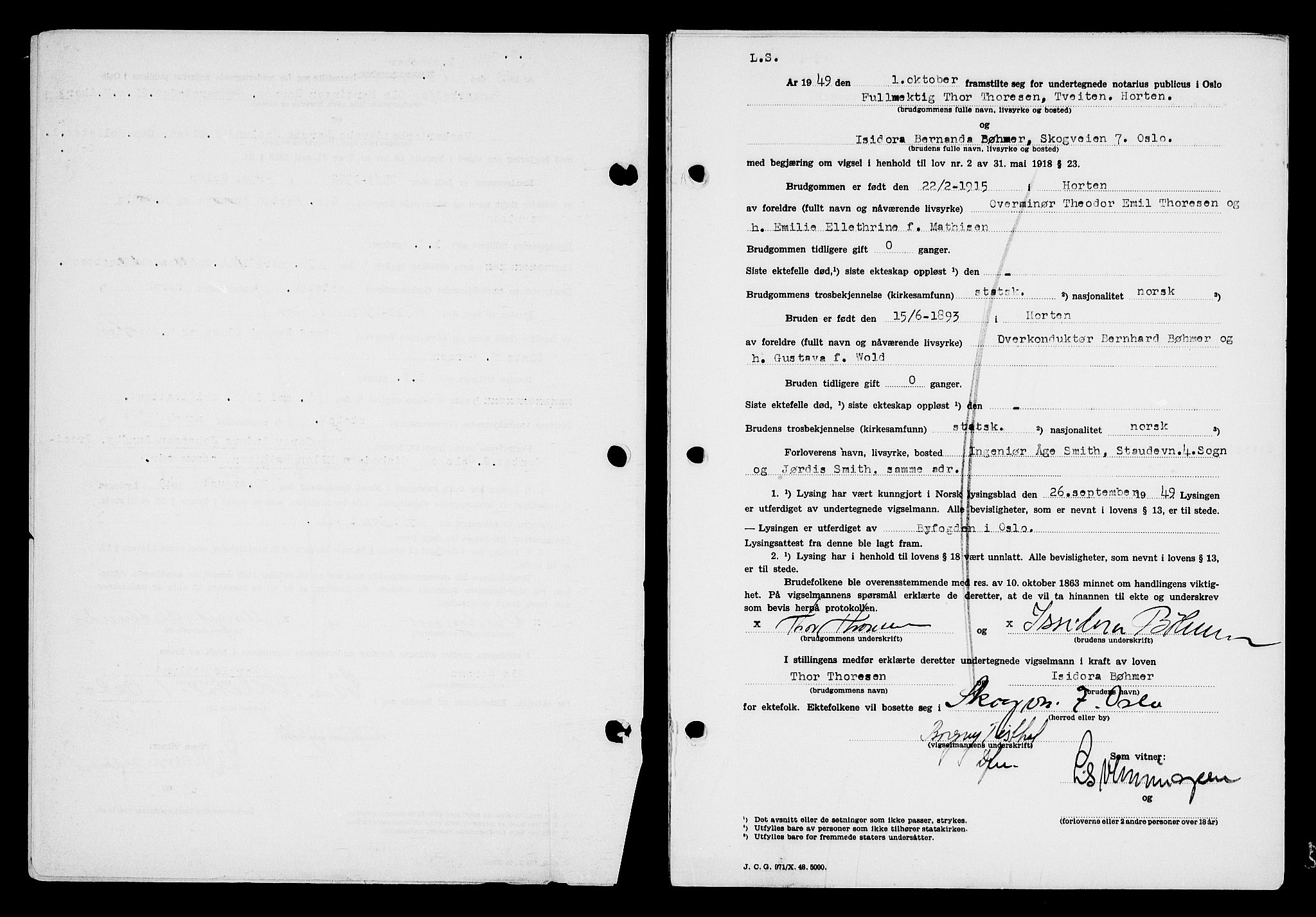 Oslo byfogd avd. I, AV/SAO-A-10220/L/Lb/Lbb/L0067: Notarialprotokoll, rekke II: Vigsler, 1949