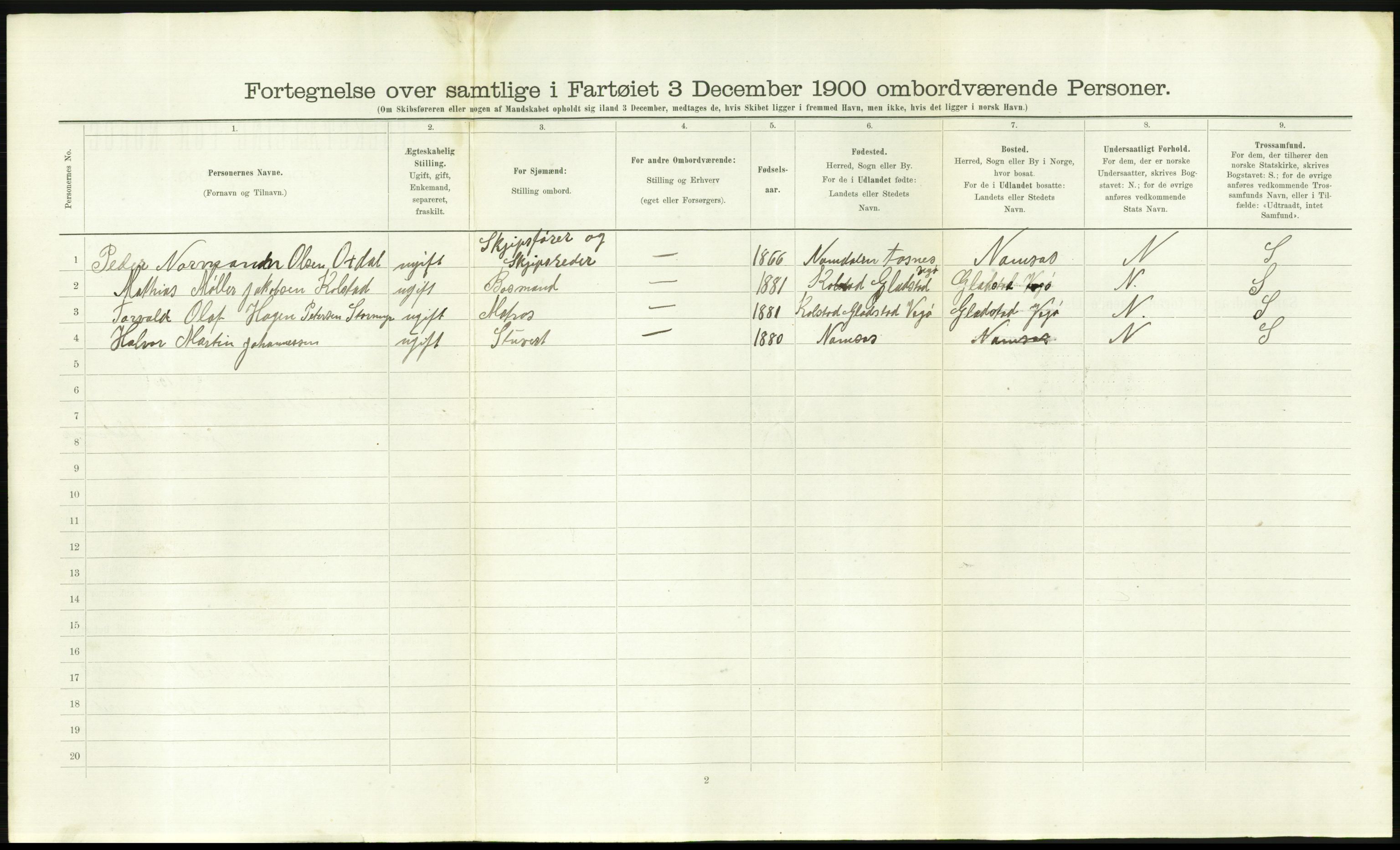 RA, Folketelling 1900 - skipslister med personlister for skip i norske havner, utenlandske havner og til havs, 1900, s. 2566