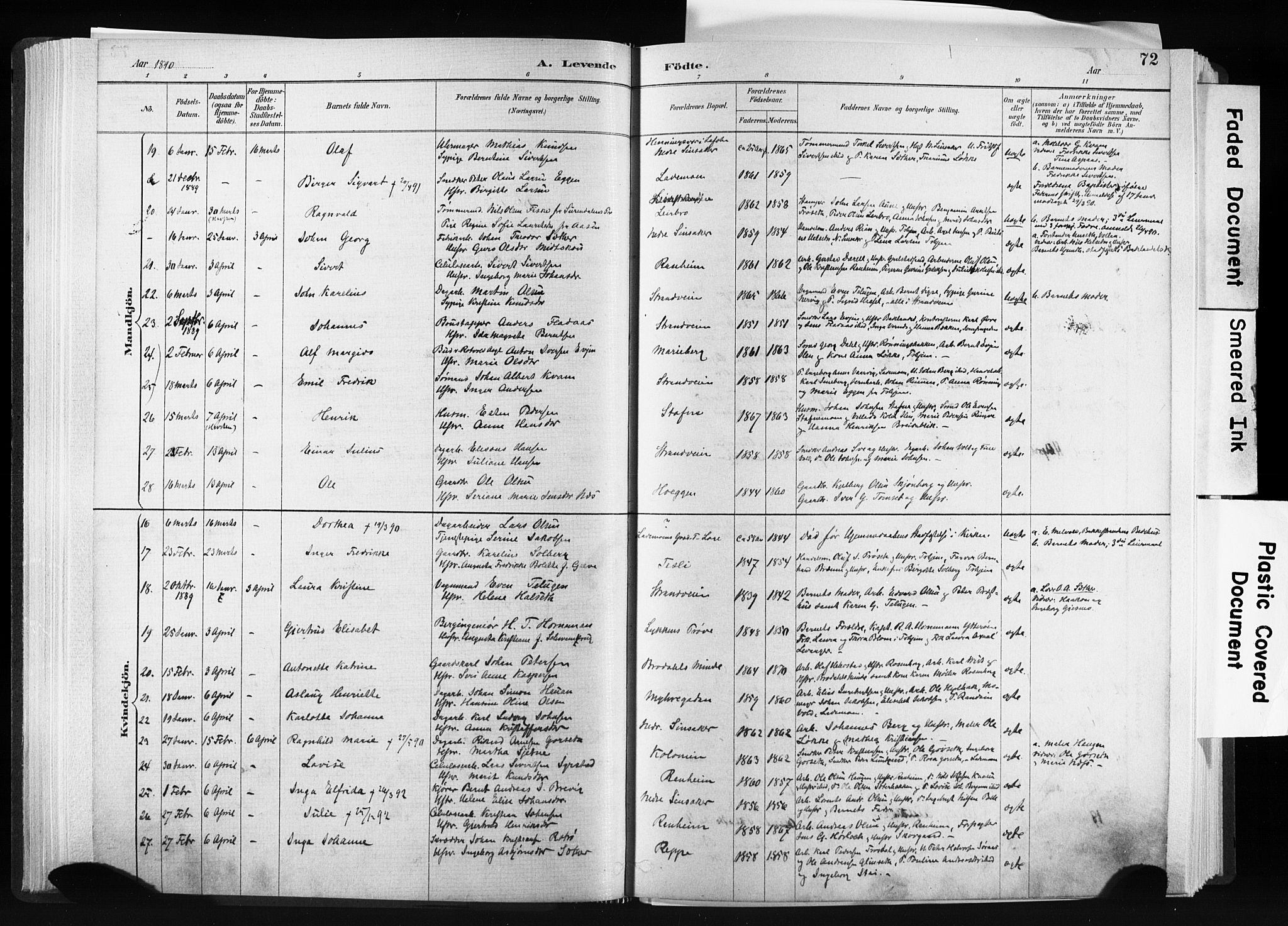 Ministerialprotokoller, klokkerbøker og fødselsregistre - Sør-Trøndelag, SAT/A-1456/606/L0300: Ministerialbok nr. 606A15, 1886-1893, s. 72