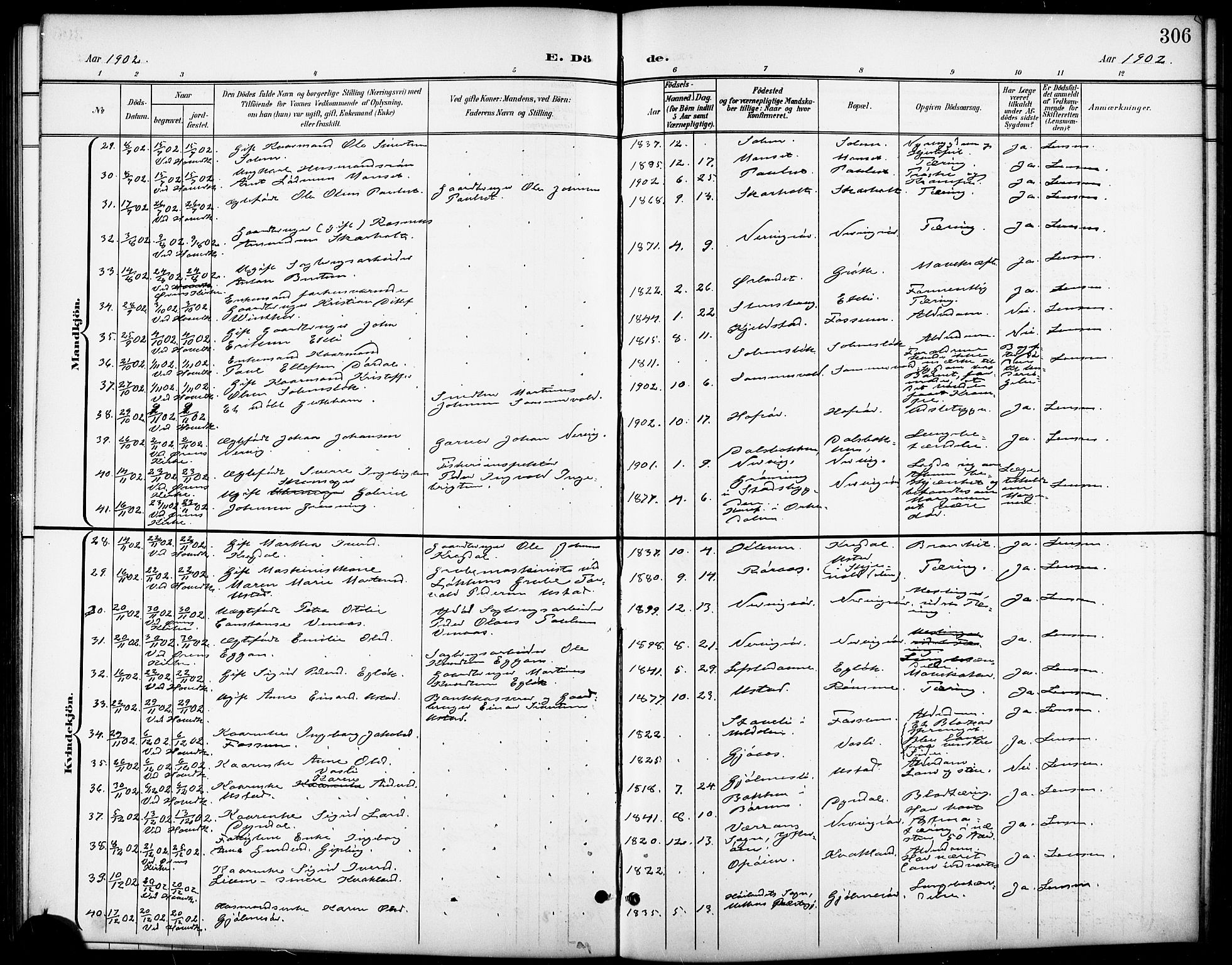 Ministerialprotokoller, klokkerbøker og fødselsregistre - Sør-Trøndelag, SAT/A-1456/668/L0819: Klokkerbok nr. 668C08, 1899-1912, s. 306