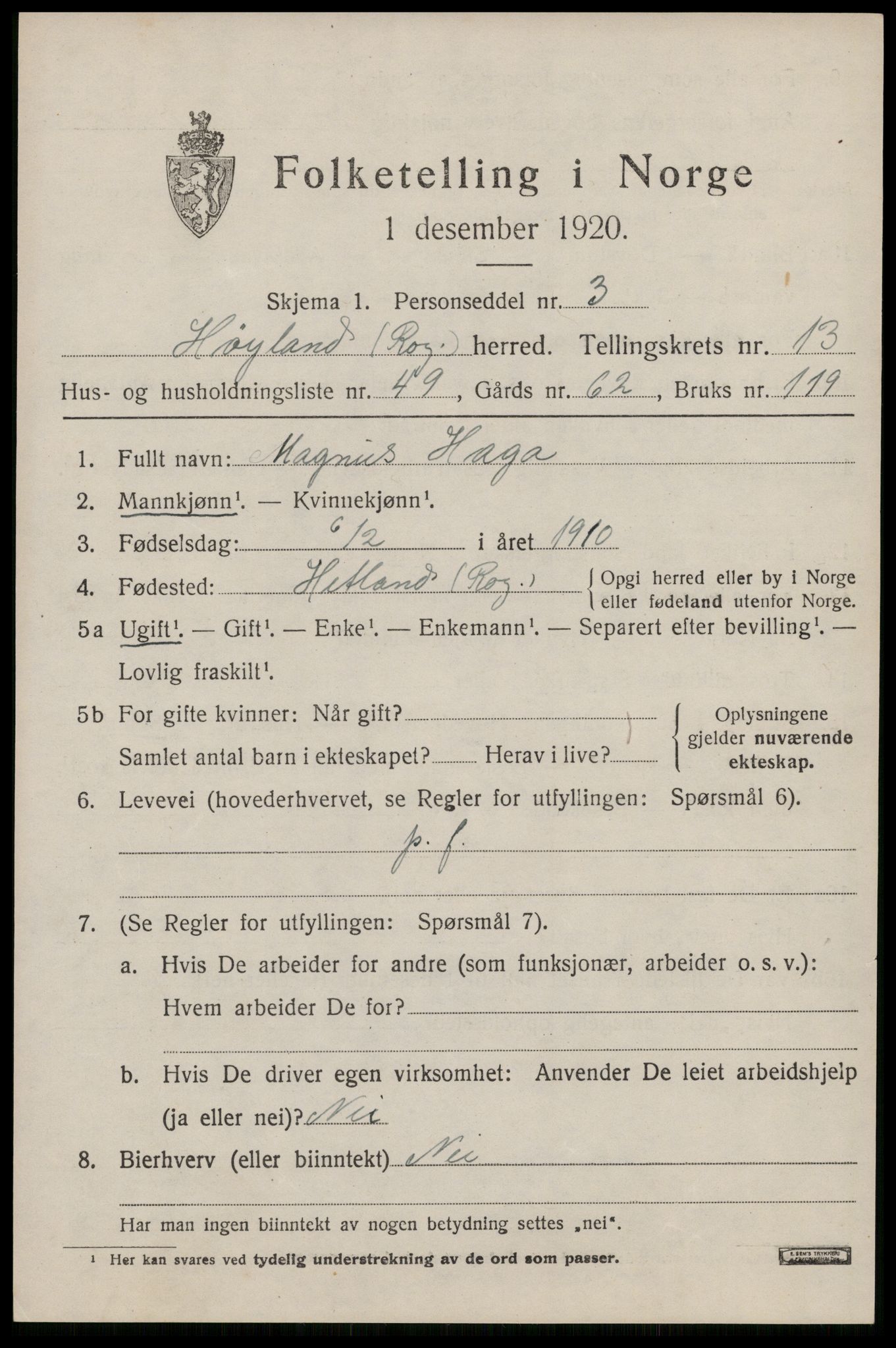 SAST, Folketelling 1920 for 1123 Høyland herred, 1920, s. 11468