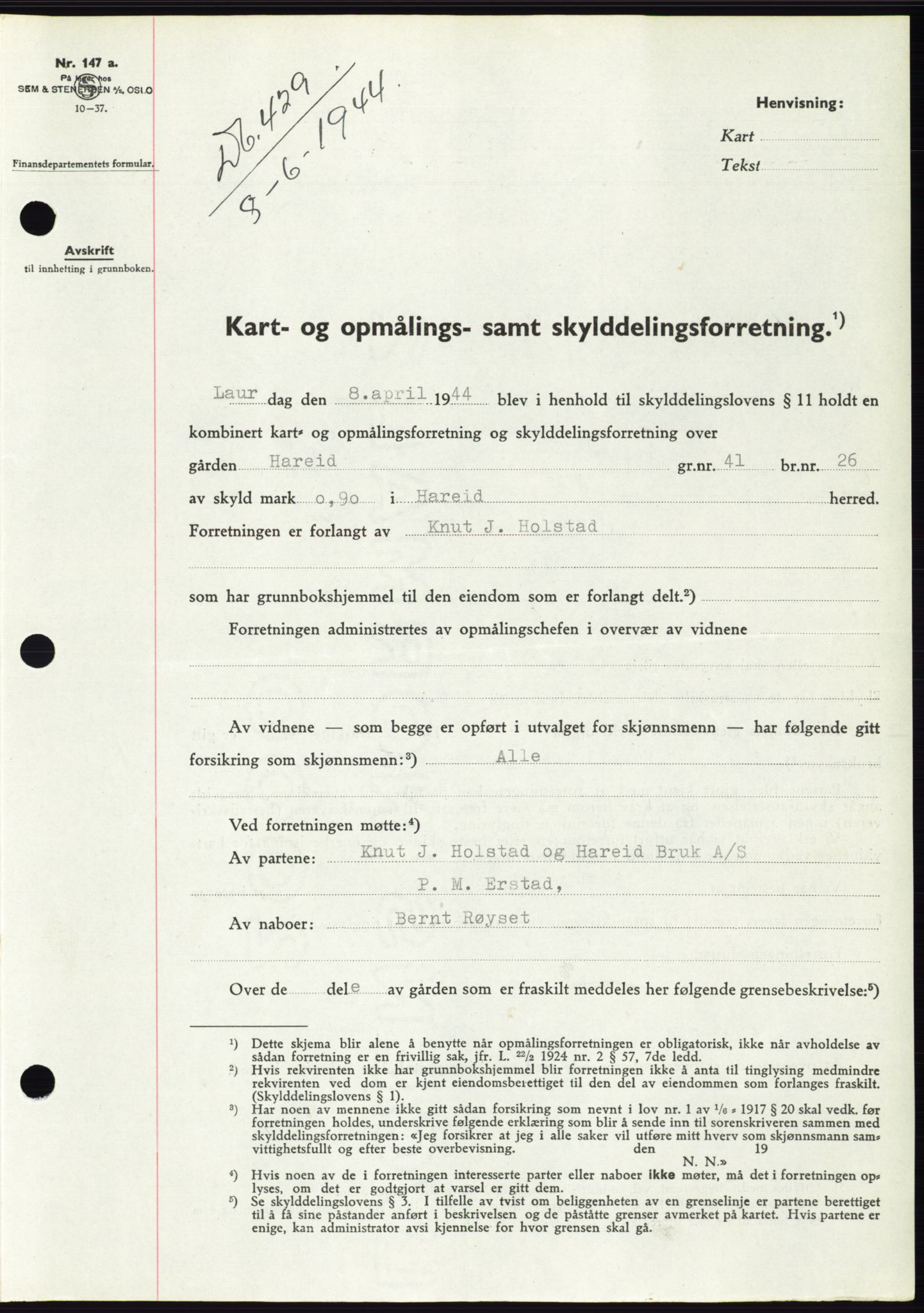 Søre Sunnmøre sorenskriveri, AV/SAT-A-4122/1/2/2C/L0076: Pantebok nr. 2A, 1943-1944, Dagboknr: 429/1944