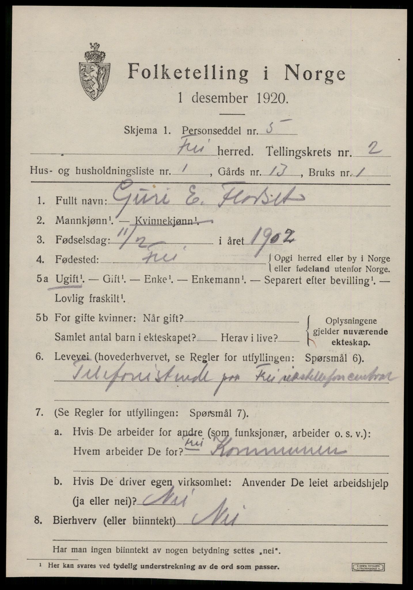 SAT, Folketelling 1920 for 1556 Frei herred, 1920, s. 1049