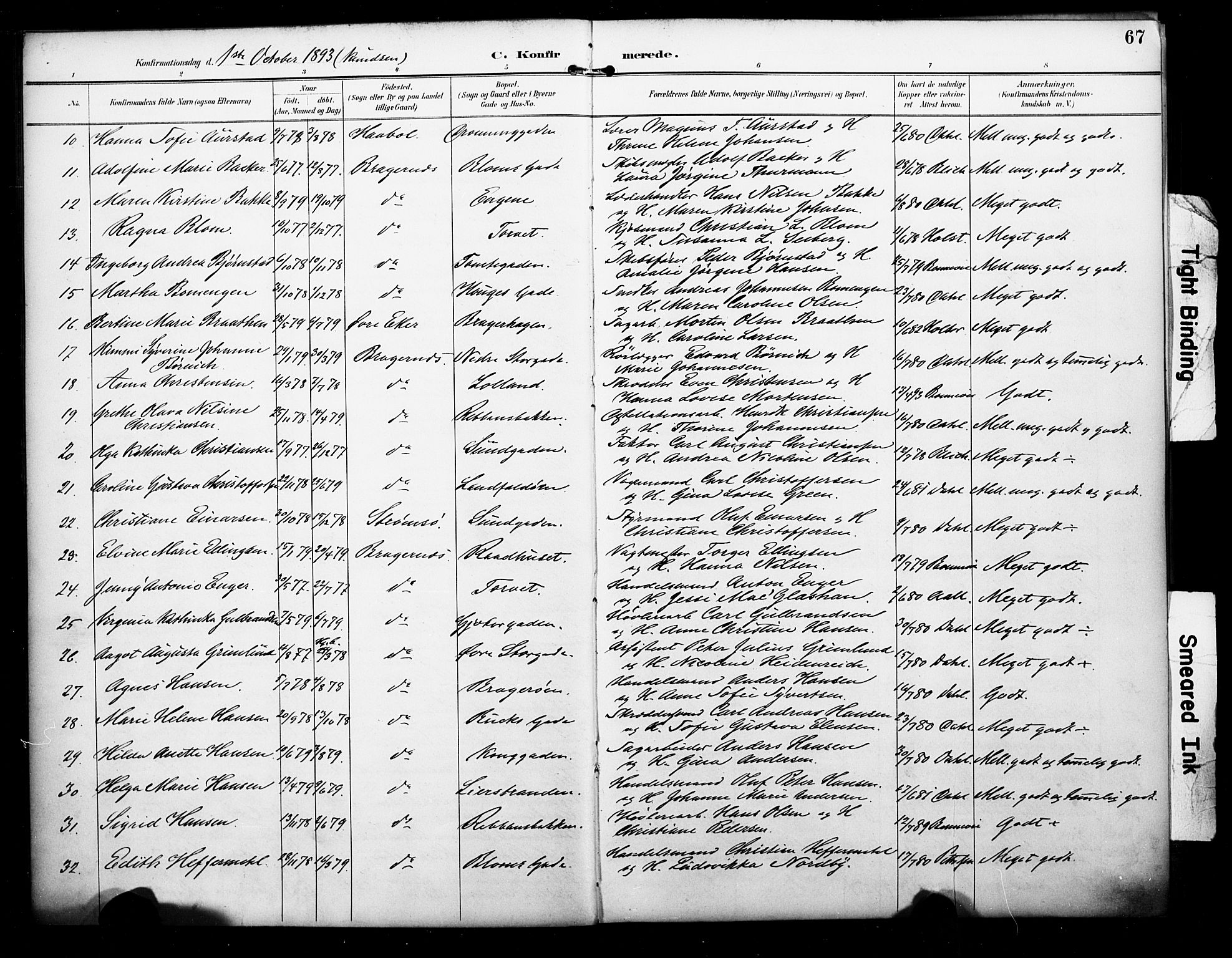 Bragernes kirkebøker, AV/SAKO-A-6/F/Fc/L0006: Ministerialbok nr. III 6, 1888-1899, s. 67