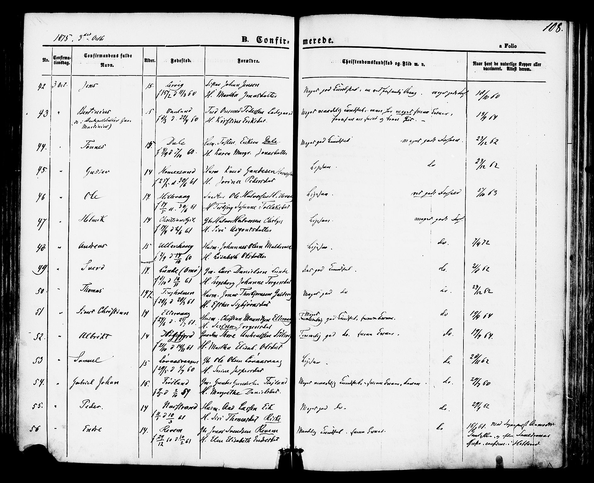 Hetland sokneprestkontor, AV/SAST-A-101826/30/30BA/L0004: Ministerialbok nr. A 4, 1862-1881, s. 108