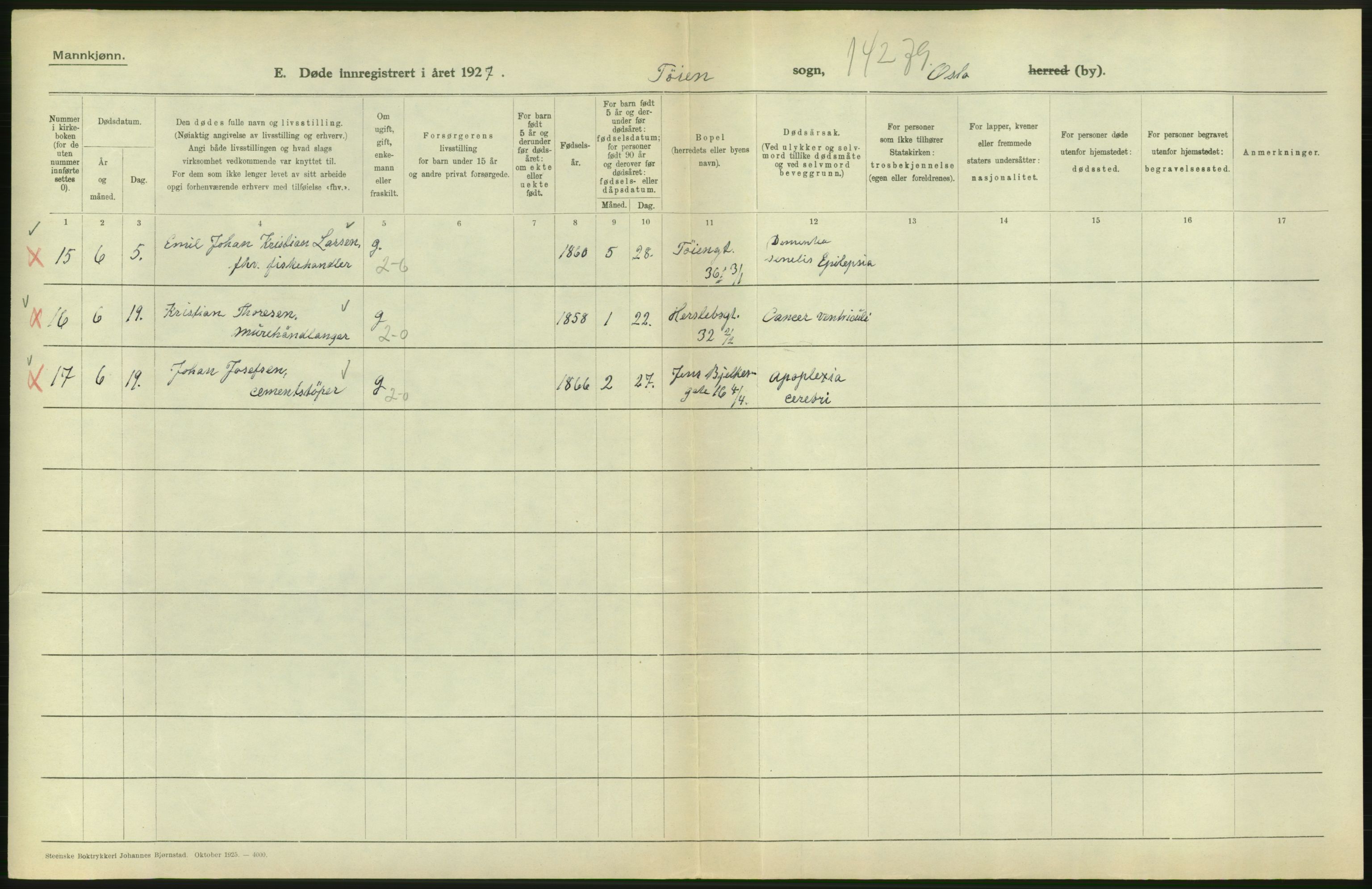 Statistisk sentralbyrå, Sosiodemografiske emner, Befolkning, AV/RA-S-2228/D/Df/Dfc/Dfcg/L0009: Oslo: Døde menn, 1927, s. 606