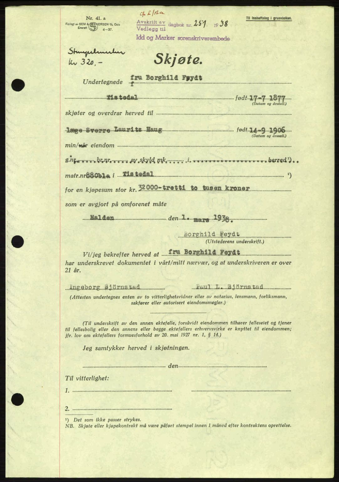 Idd og Marker sorenskriveri, AV/SAO-A-10283/G/Gb/Gbb/L0002: Pantebok nr. A2, 1937-1938, Dagboknr: 251/1938