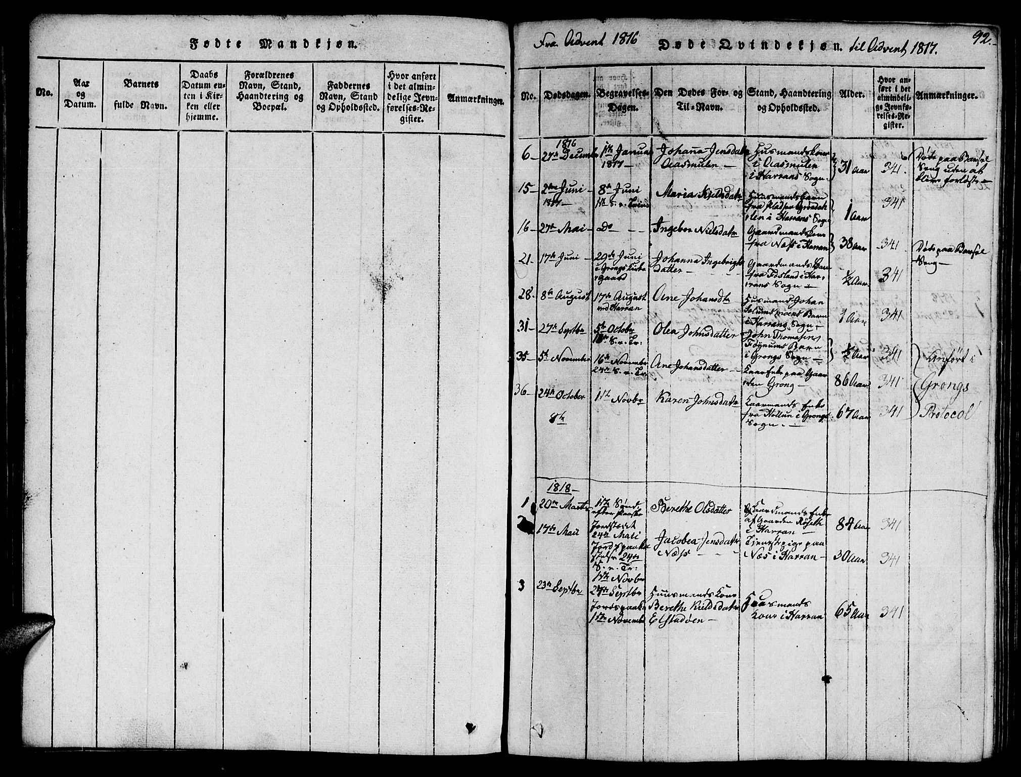 Ministerialprotokoller, klokkerbøker og fødselsregistre - Nord-Trøndelag, AV/SAT-A-1458/759/L0527: Klokkerbok nr. 759C01 /1, 1816-1825, s. 92