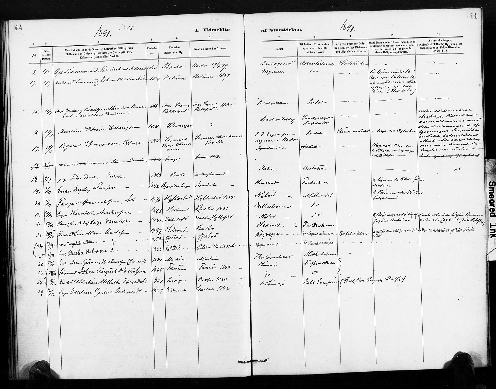 Barbu sokneprestkontor, SAK/1111-0003/F/Fa/L0004: Ministerialbok nr. A 4, 1883-1909, s. 44