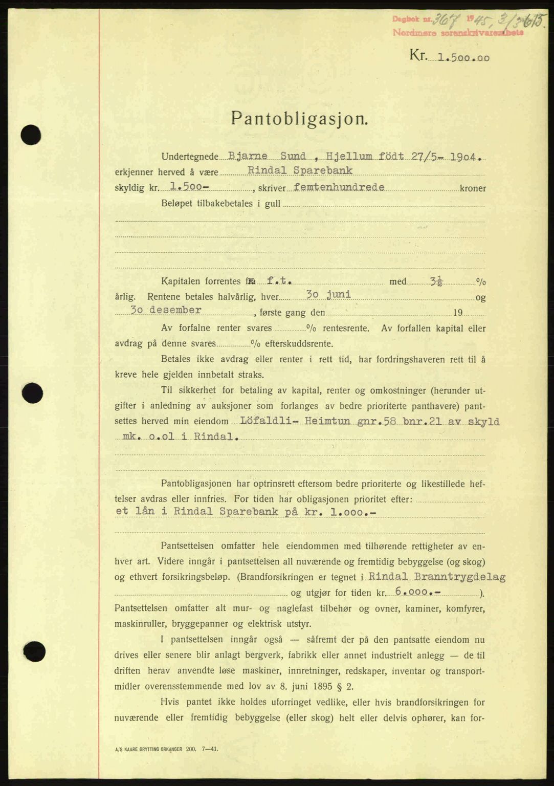 Nordmøre sorenskriveri, AV/SAT-A-4132/1/2/2Ca: Pantebok nr. B92, 1944-1945, Dagboknr: 367/1945