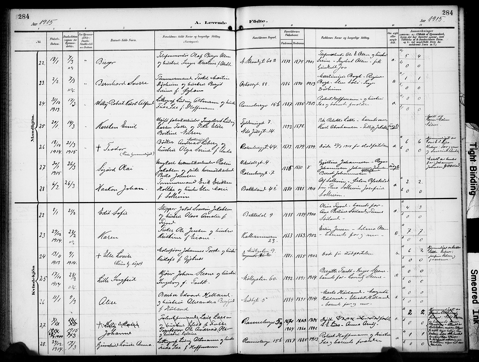 Domkirken sokneprestkontor, AV/SAST-A-101812/001/30/30BB/L0018: Klokkerbok nr. B 18, 1903-1915, s. 284