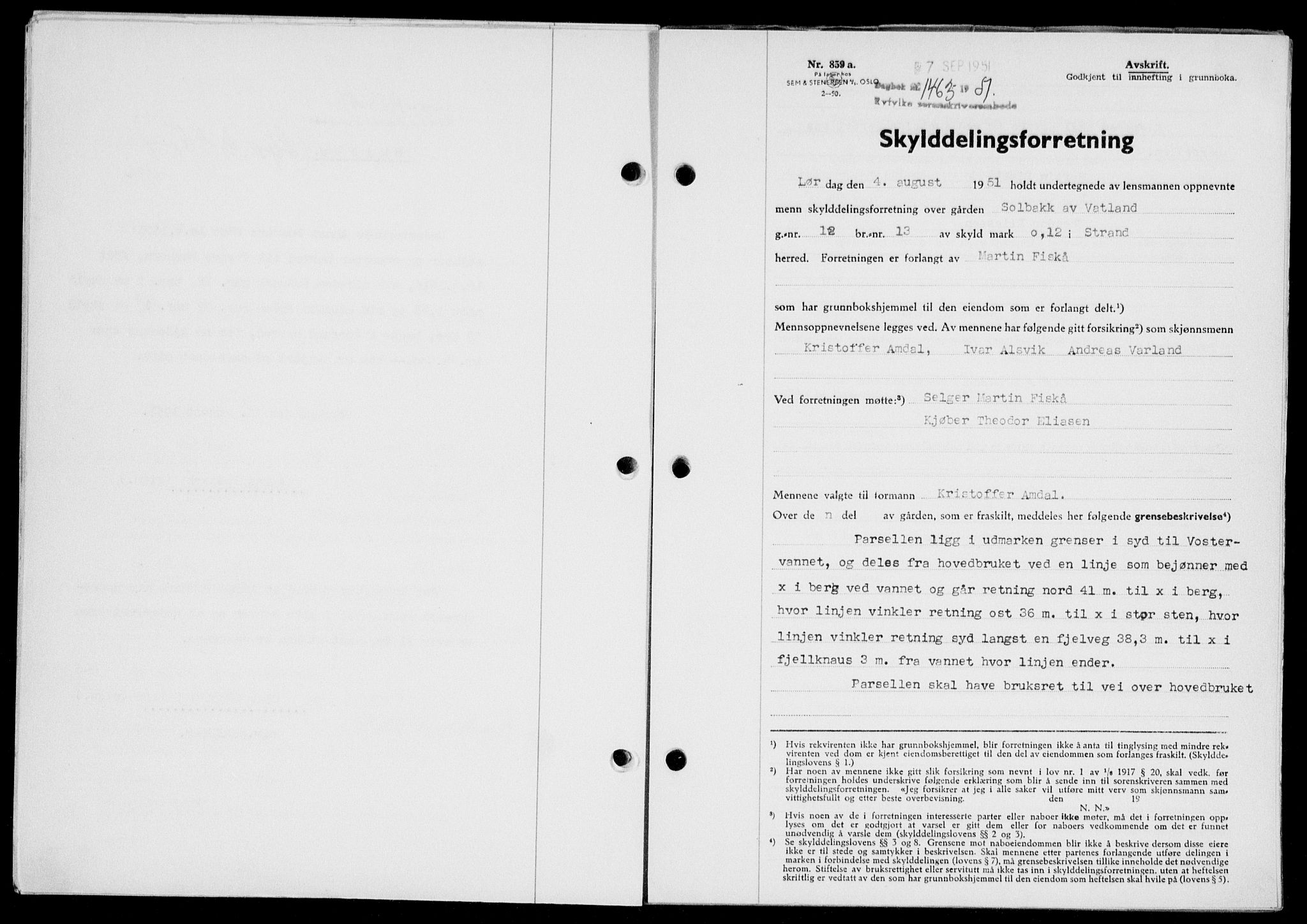 Ryfylke tingrett, SAST/A-100055/001/II/IIB/L0114: Pantebok nr. 93, 1951-1951, Dagboknr: 1463/1951