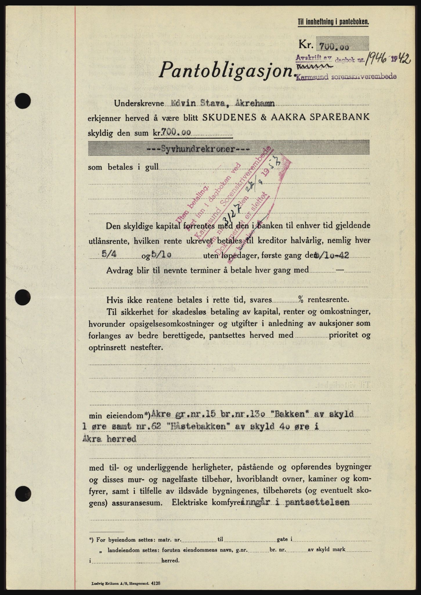 Karmsund sorenskriveri, SAST/A-100311/01/II/IIBBE/L0008: Pantebok nr. B 54, 1942-1943, Dagboknr: 1946/1942