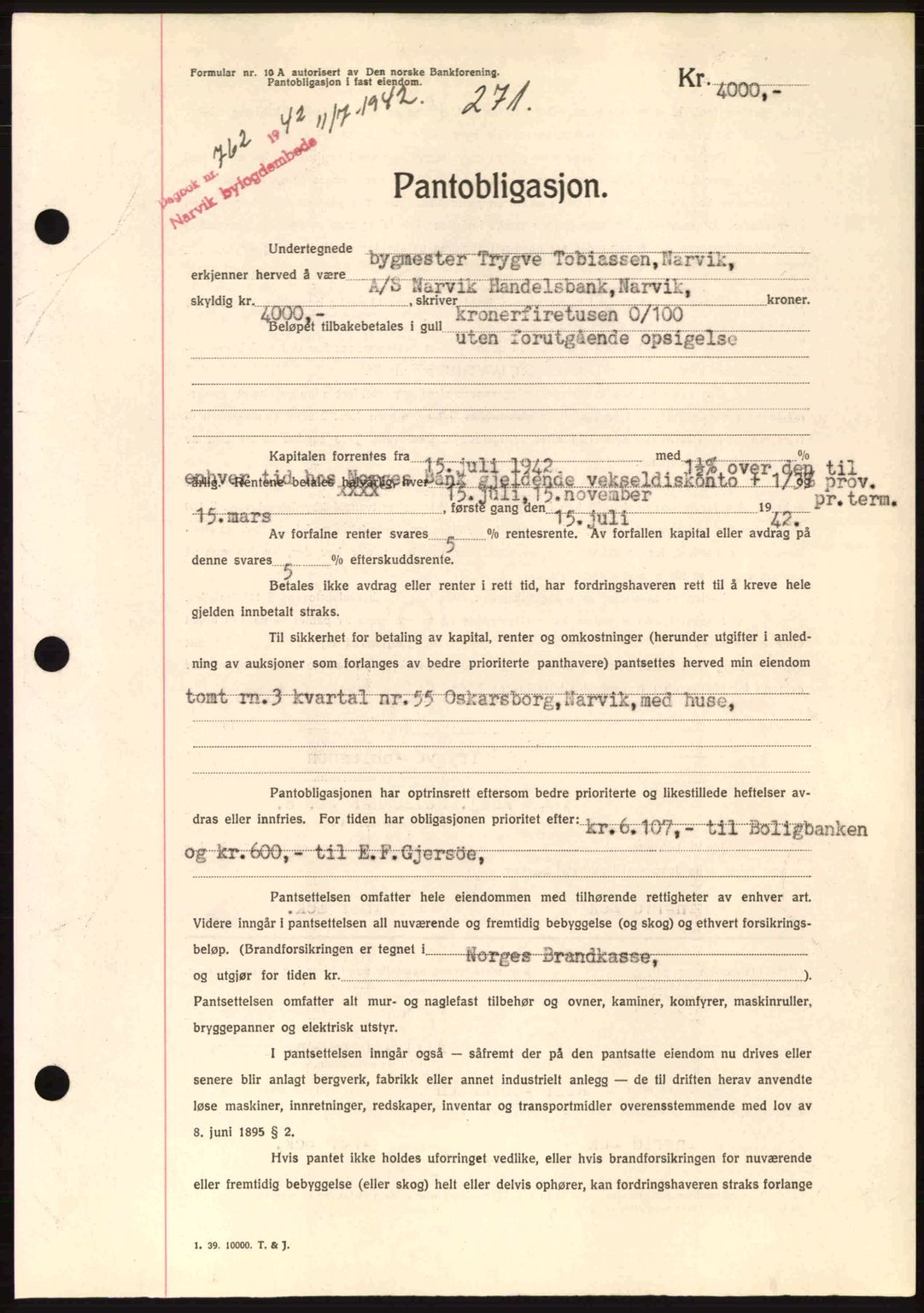 Narvik sorenskriveri, SAT/A-0002/1/2/2C/2Ca: Pantebok nr. A19, 1942-1943, Dagboknr: 762/1942