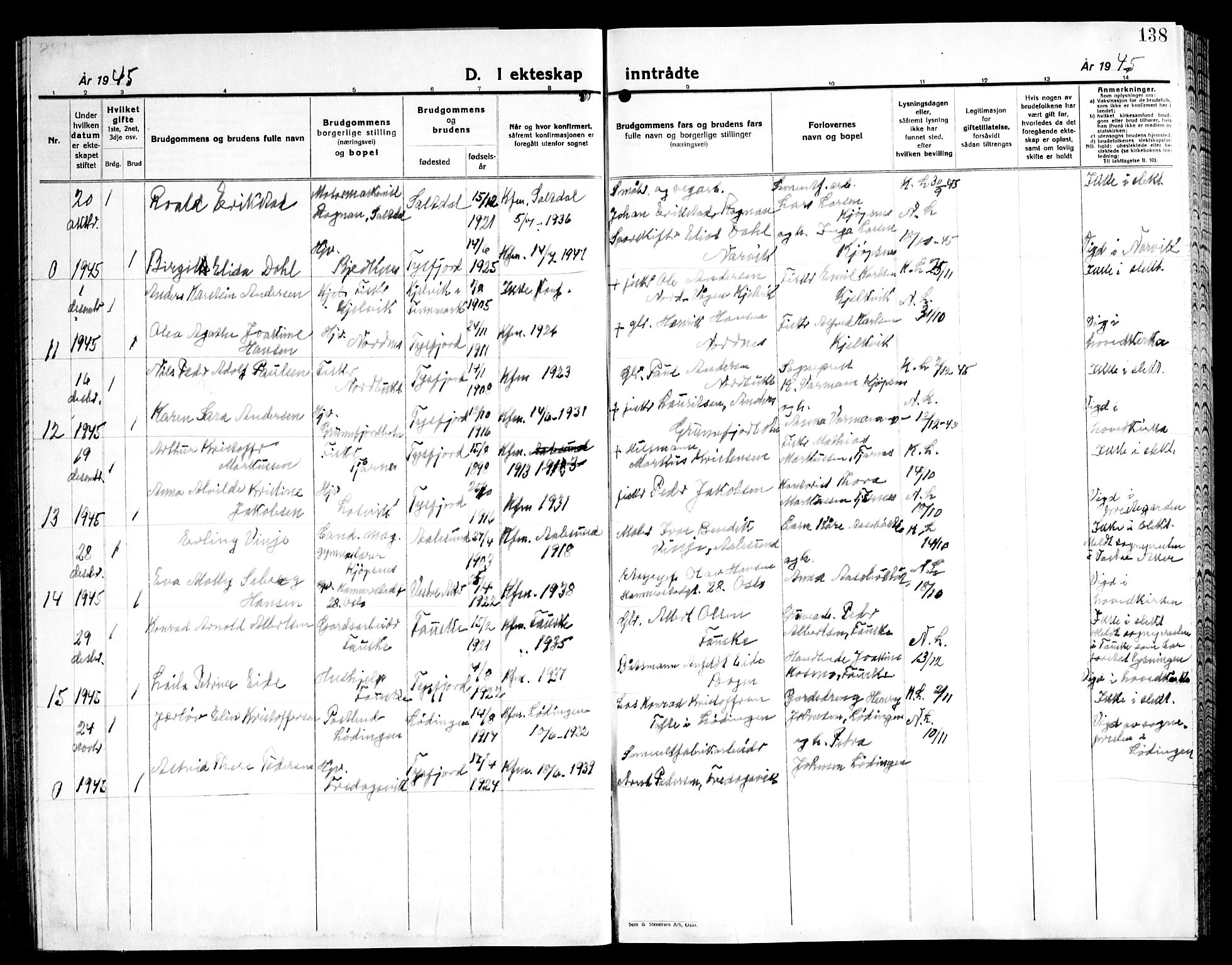 Ministerialprotokoller, klokkerbøker og fødselsregistre - Nordland, AV/SAT-A-1459/861/L0881: Klokkerbok nr. 861C07, 1938-1945, s. 138