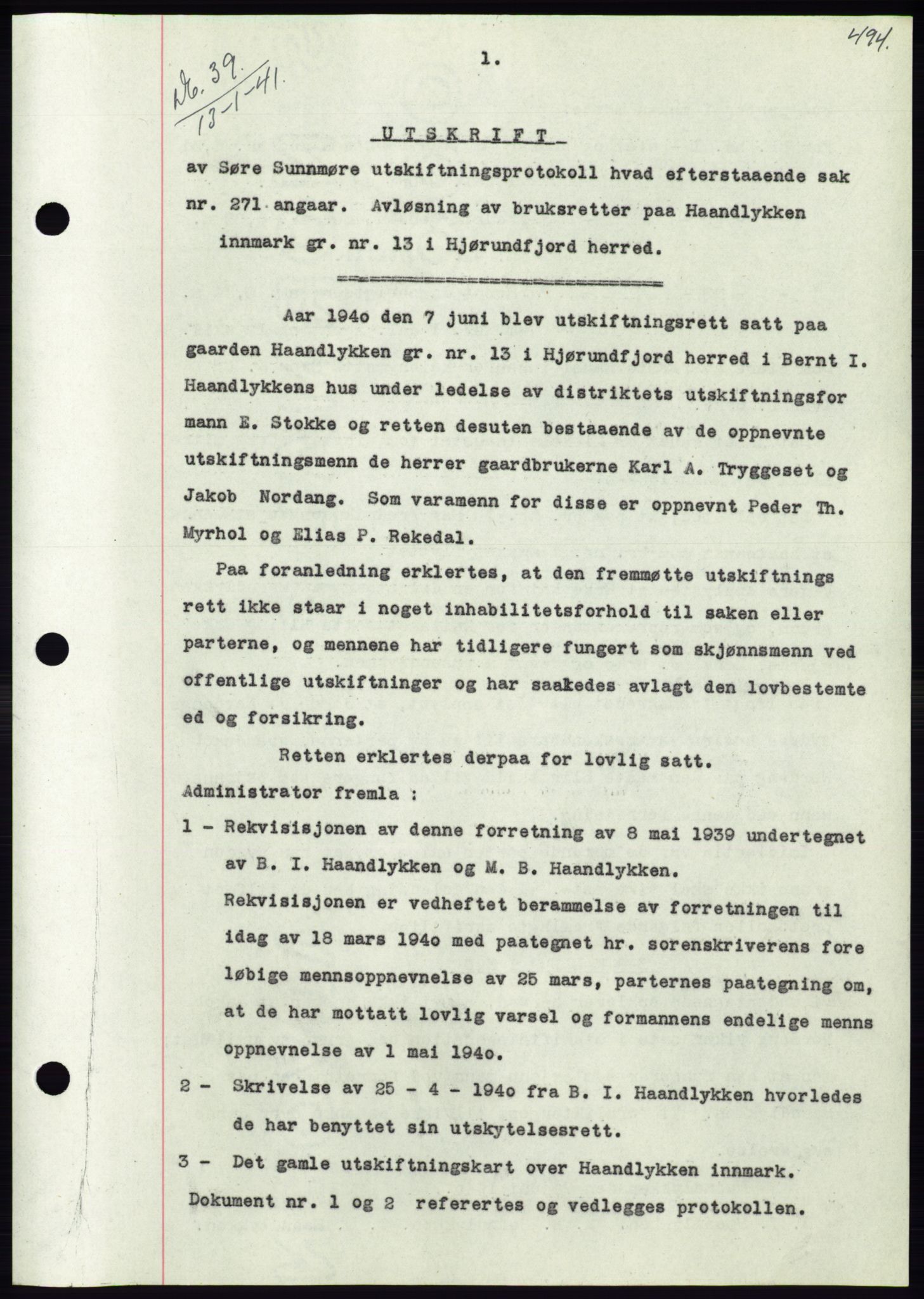 Søre Sunnmøre sorenskriveri, SAT/A-4122/1/2/2C/L0070: Pantebok nr. 64, 1940-1941, Dagboknr: 39/1941