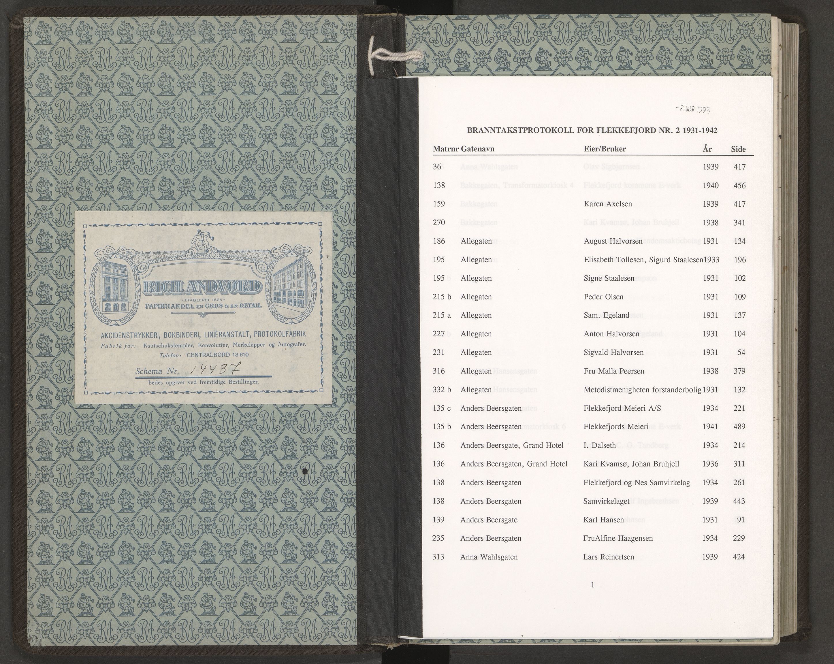 Norges Brannkasse Flekkefjord, SAK/2241-0015/F/Fa/L0002: Branntakstprotokoll nr. 2 med gatenavnregister, 1931-1942