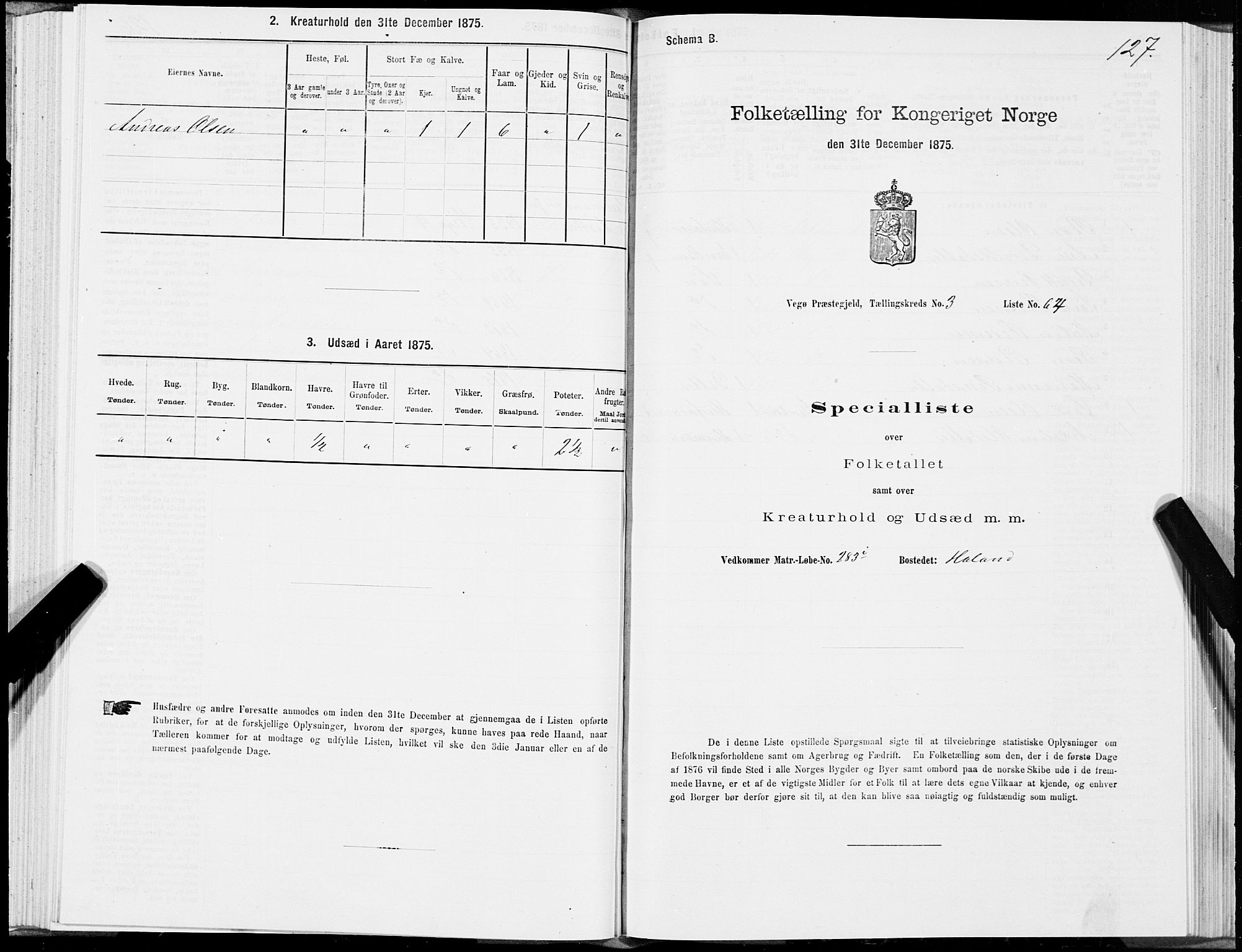 SAT, Folketelling 1875 for 1815P Vega prestegjeld, 1875, s. 2127