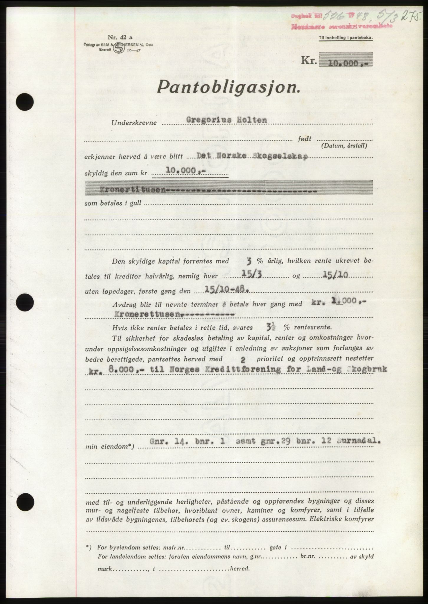 Nordmøre sorenskriveri, SAT/A-4132/1/2/2Ca: Pantebok nr. B98, 1948-1948, Dagboknr: 526/1948