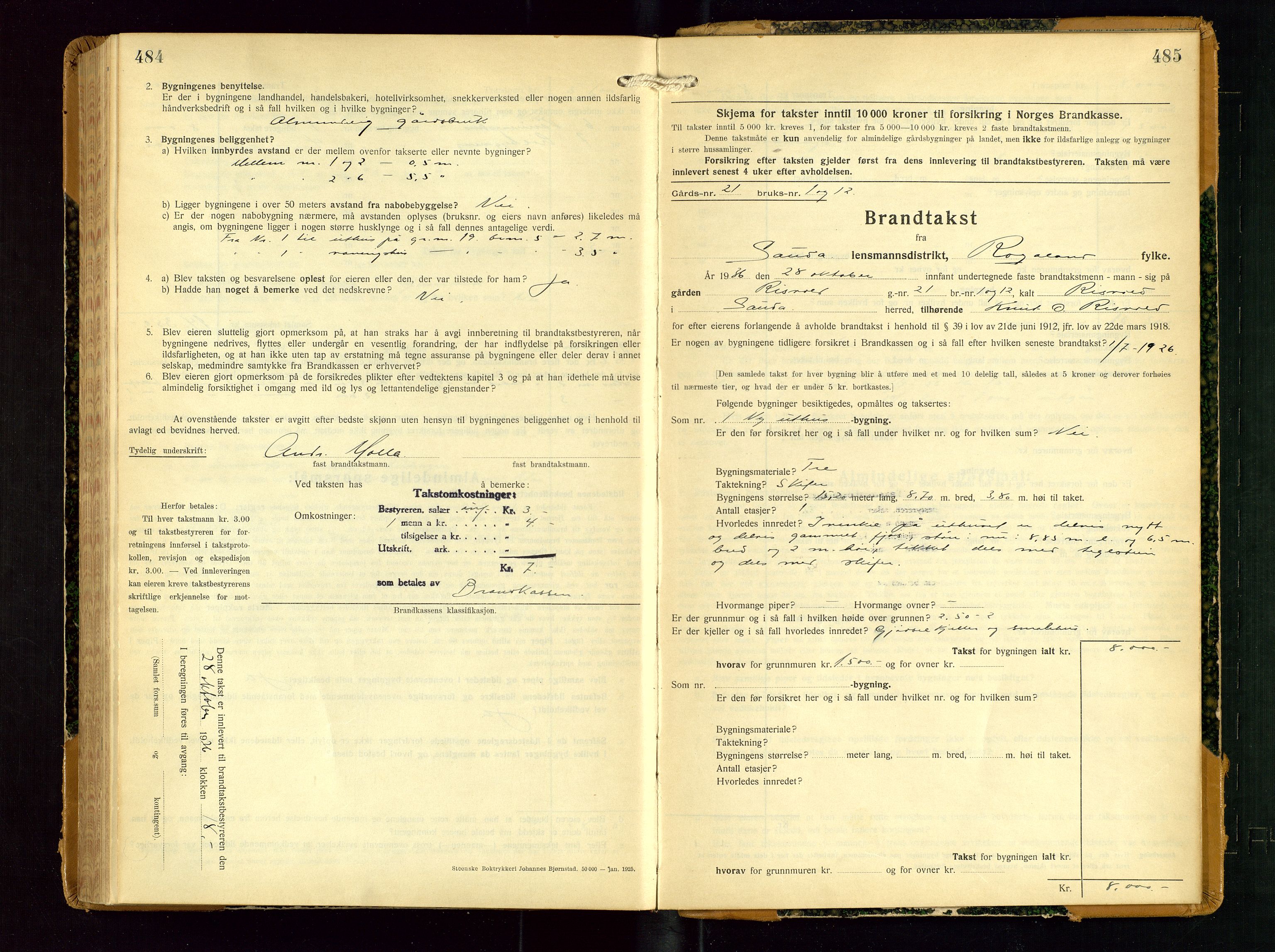 Sauda lensmannskontor, AV/SAST-A-100177/Gob/L0003: Branntakstprotokoll - skjematakst, 1928-1936, s. 484-485