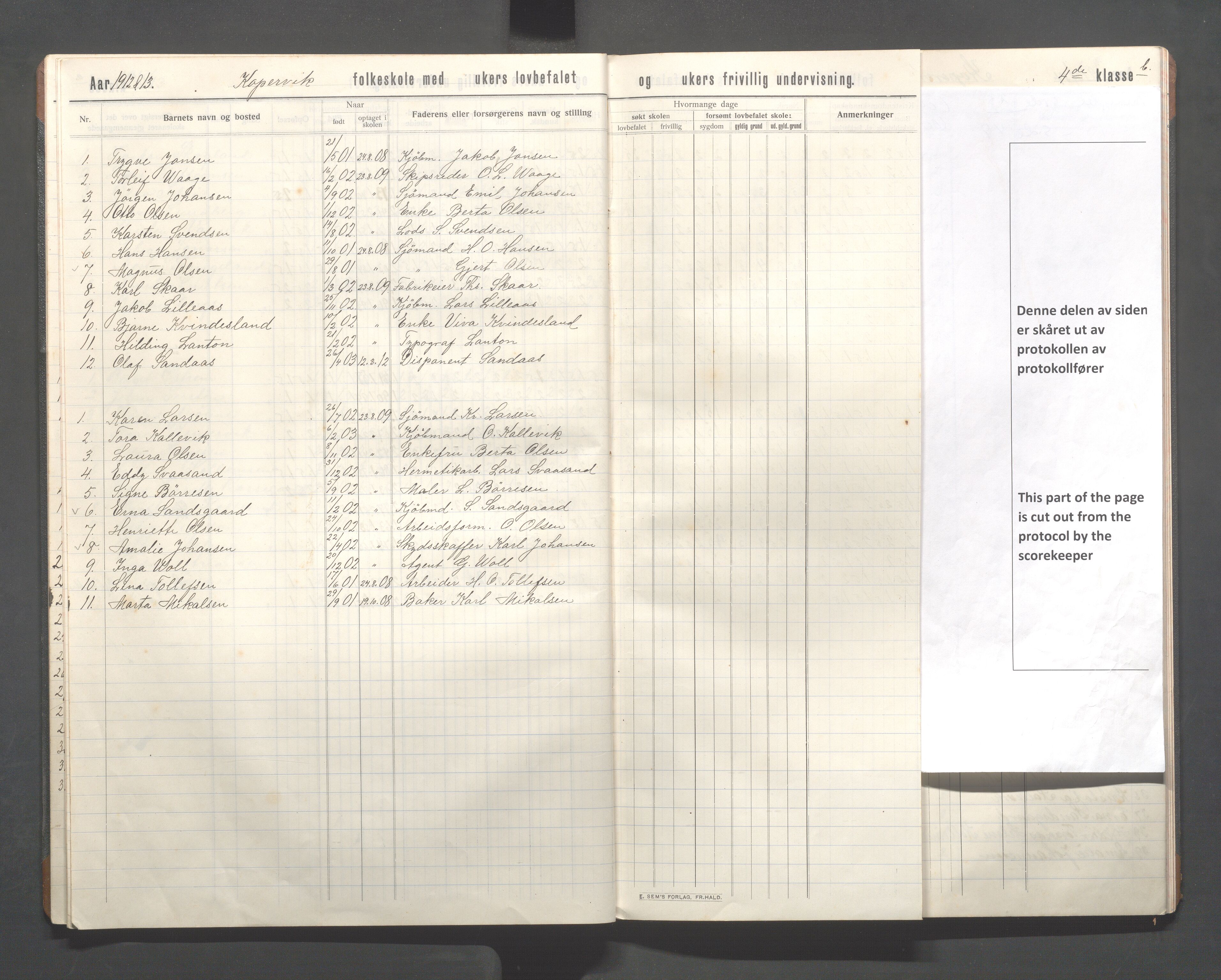 Kopervik Kommune - Kopervik skole, IKAR/K-102472/H/L0016: Skoleprotokoll 4.klasse, 1909-1915, s. 13