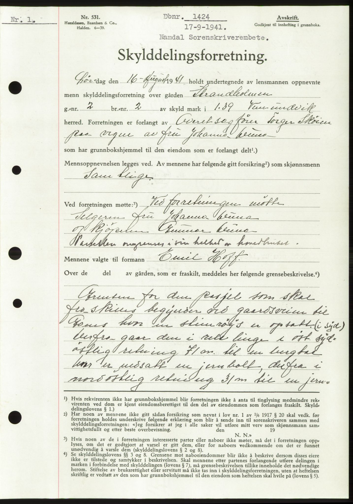 Namdal sorenskriveri, SAT/A-4133/1/2/2C: Pantebok nr. -, 1941-1942, Dagboknr: 1424/1941