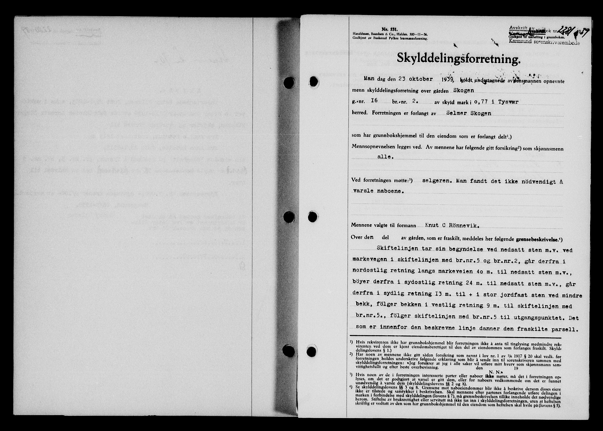 Karmsund sorenskriveri, SAST/A-100311/01/II/IIB/L0072: Pantebok nr. 53A, 1939-1940, Dagboknr: 2281/1939