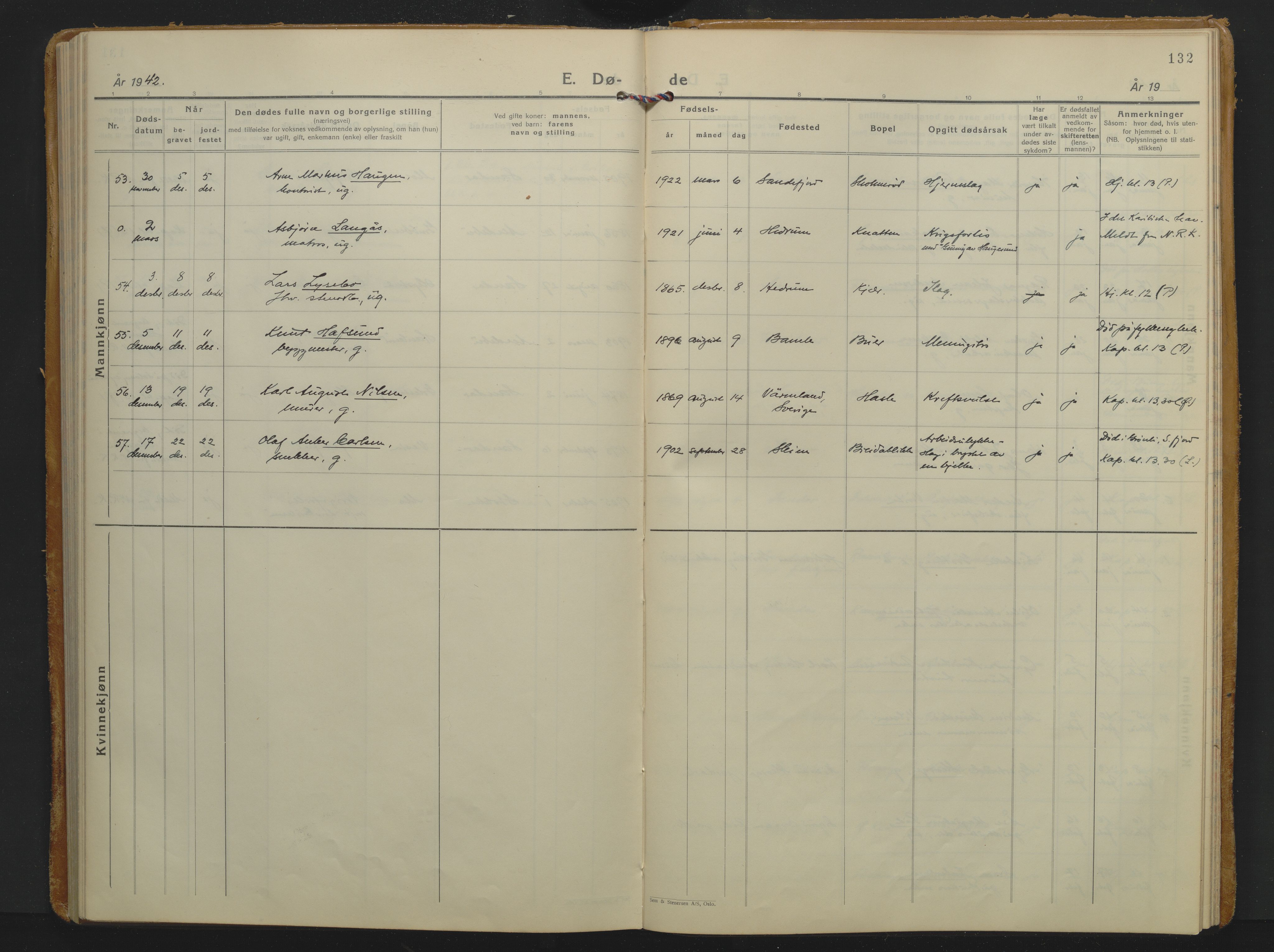 Sandar kirkebøker, AV/SAKO-A-243/F/Fa/L0026: Ministerialbok nr. 26, 1932-1944, s. 132