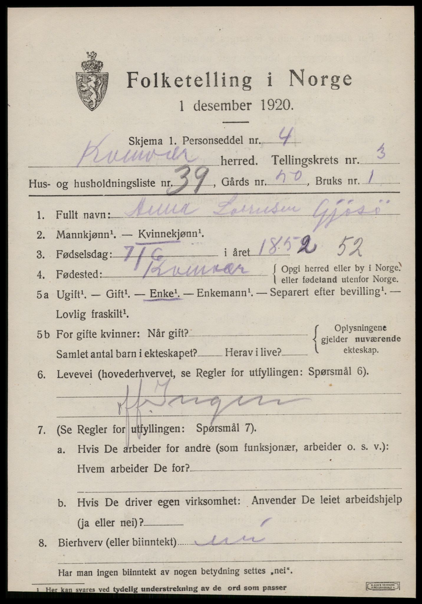 SAT, Folketelling 1920 for 1618 Kvenvær herred, 1920, s. 1372