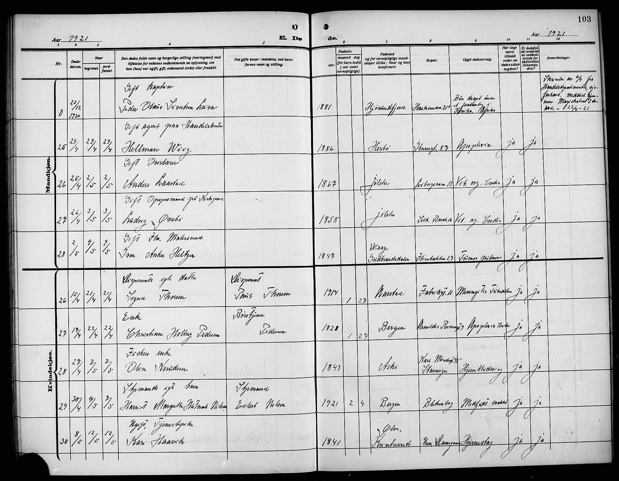 Årstad Sokneprestembete, AV/SAB-A-79301/H/Hab/L0024: Klokkerbok nr. D 1, 1915-1922, s. 103