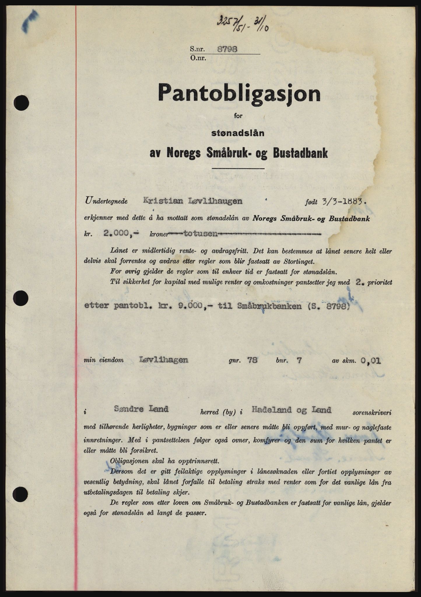Hadeland og Land tingrett, SAH/TING-010/H/Hb/Hbc/L0022: Pantebok nr. B22, 1951-1951, Dagboknr: 3257/1951