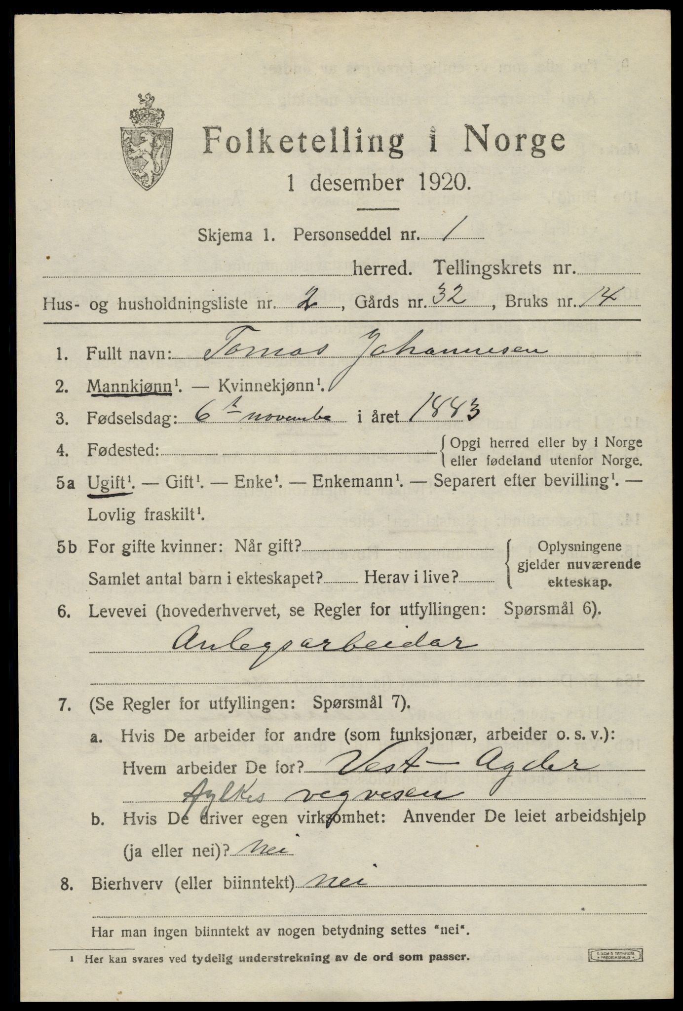 SAK, Folketelling 1920 for 1012 Oddernes herred, 1920, s. 5403