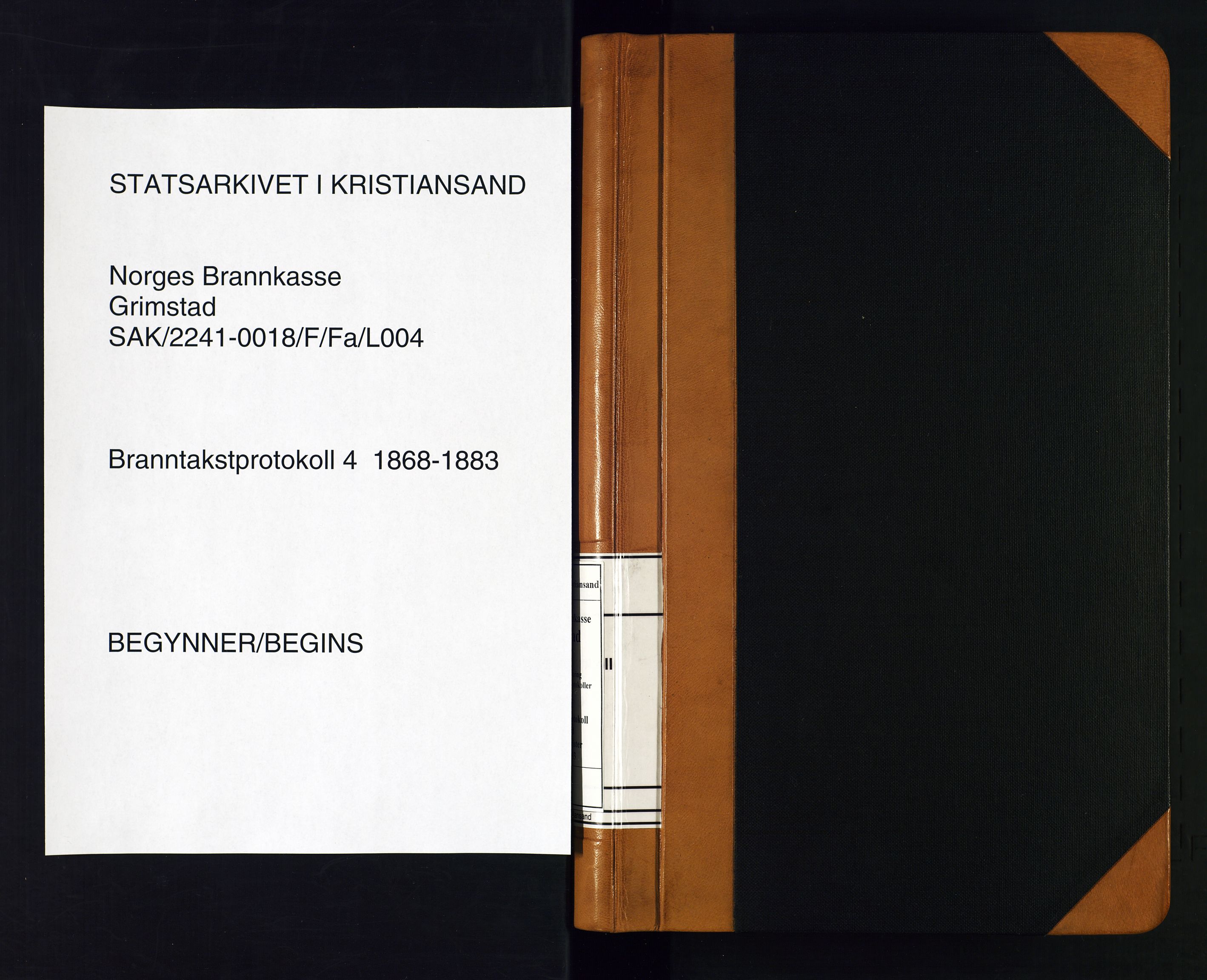 Norges Brannkasse Grimstad, SAK/2241-0018/F/Fa/L0004: Branntakstprotokoll nr. 4 med gatenavnregister, 1868-1883