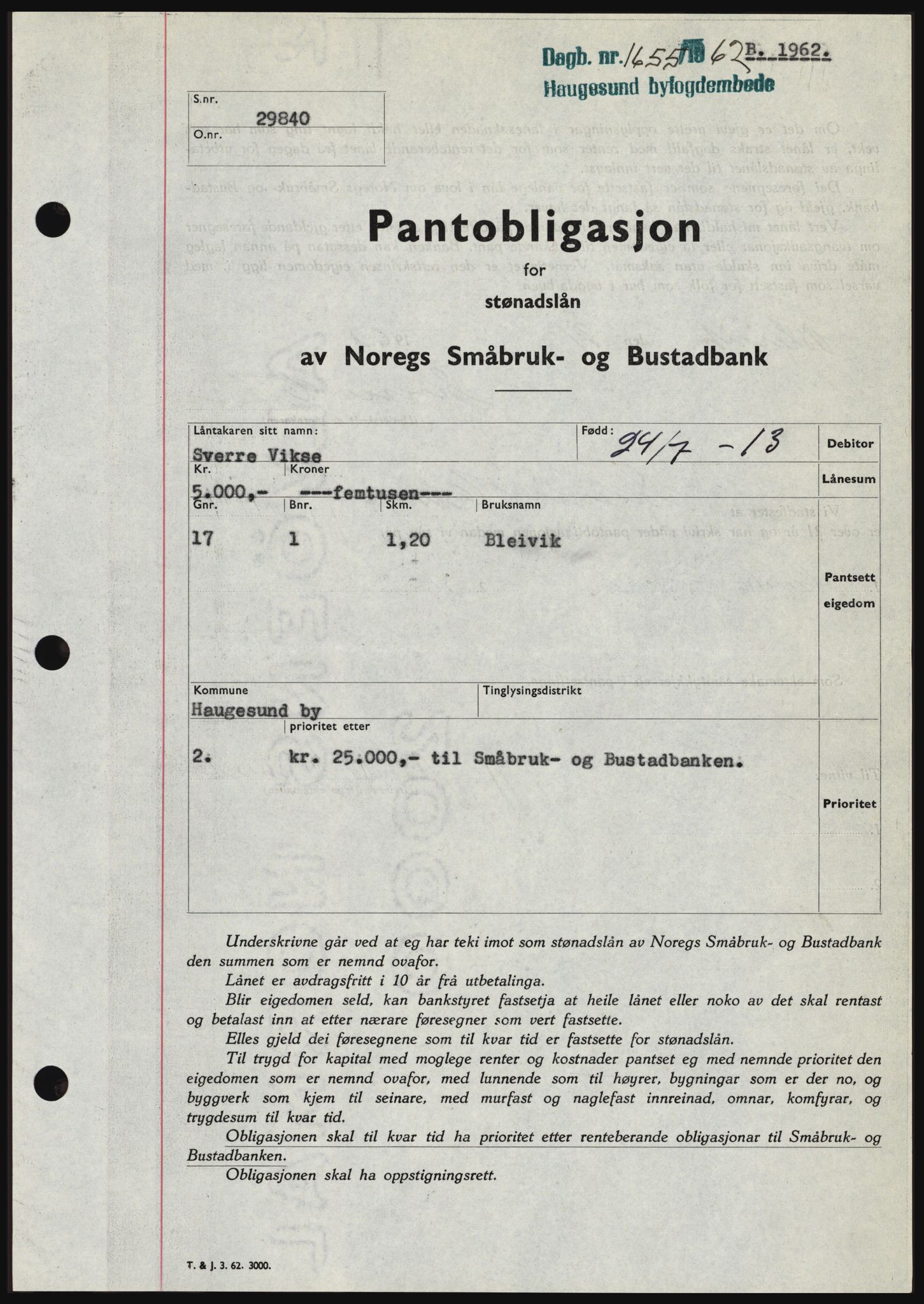 Haugesund tingrett, SAST/A-101415/01/II/IIC/L0049: Pantebok nr. B 49, 1962-1962, Dagboknr: 1655/1962