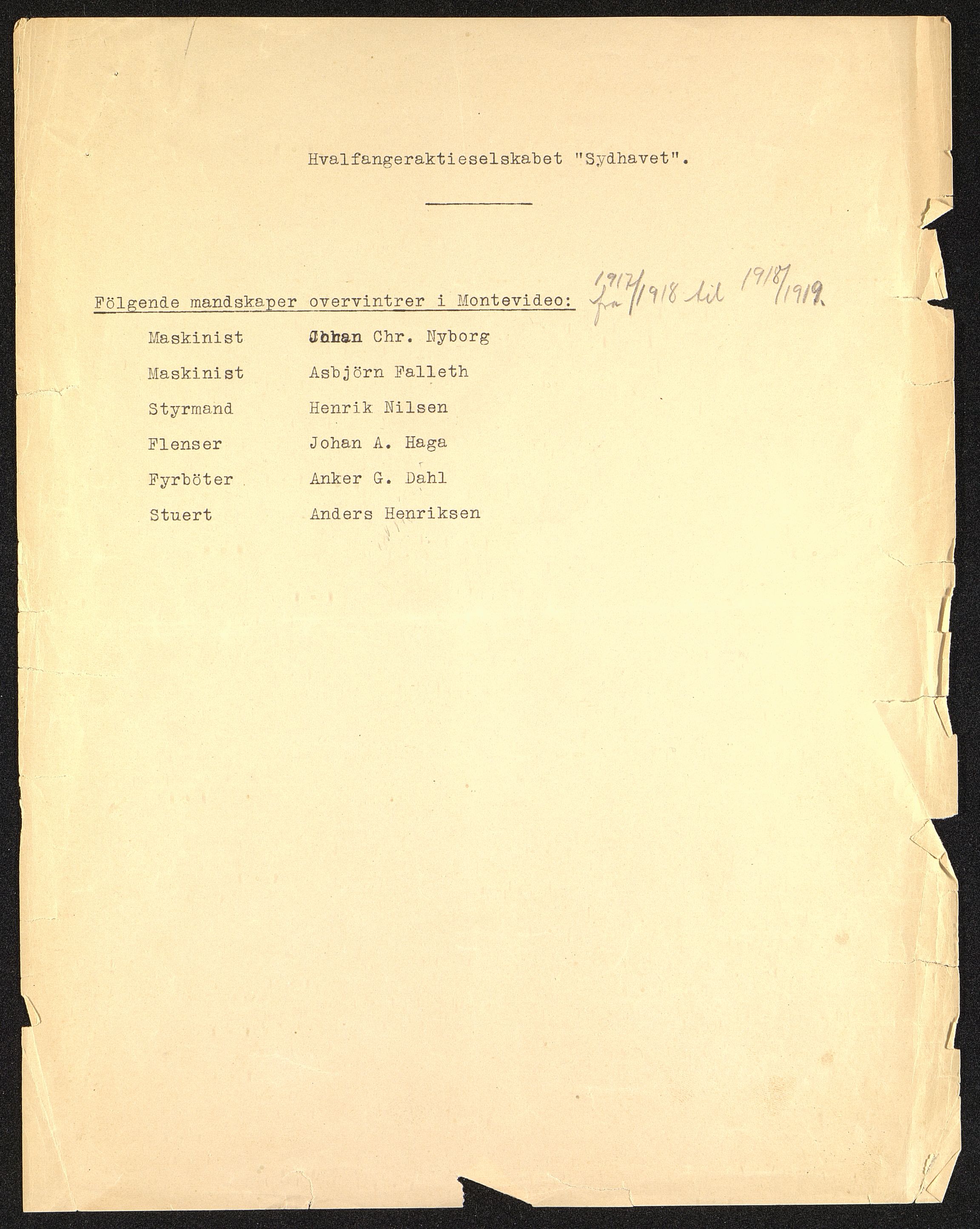 Sydhavet AS, VEMU/ARS-A-1014/P/L0001: Mannskapslister, 1914-1931, s. 142