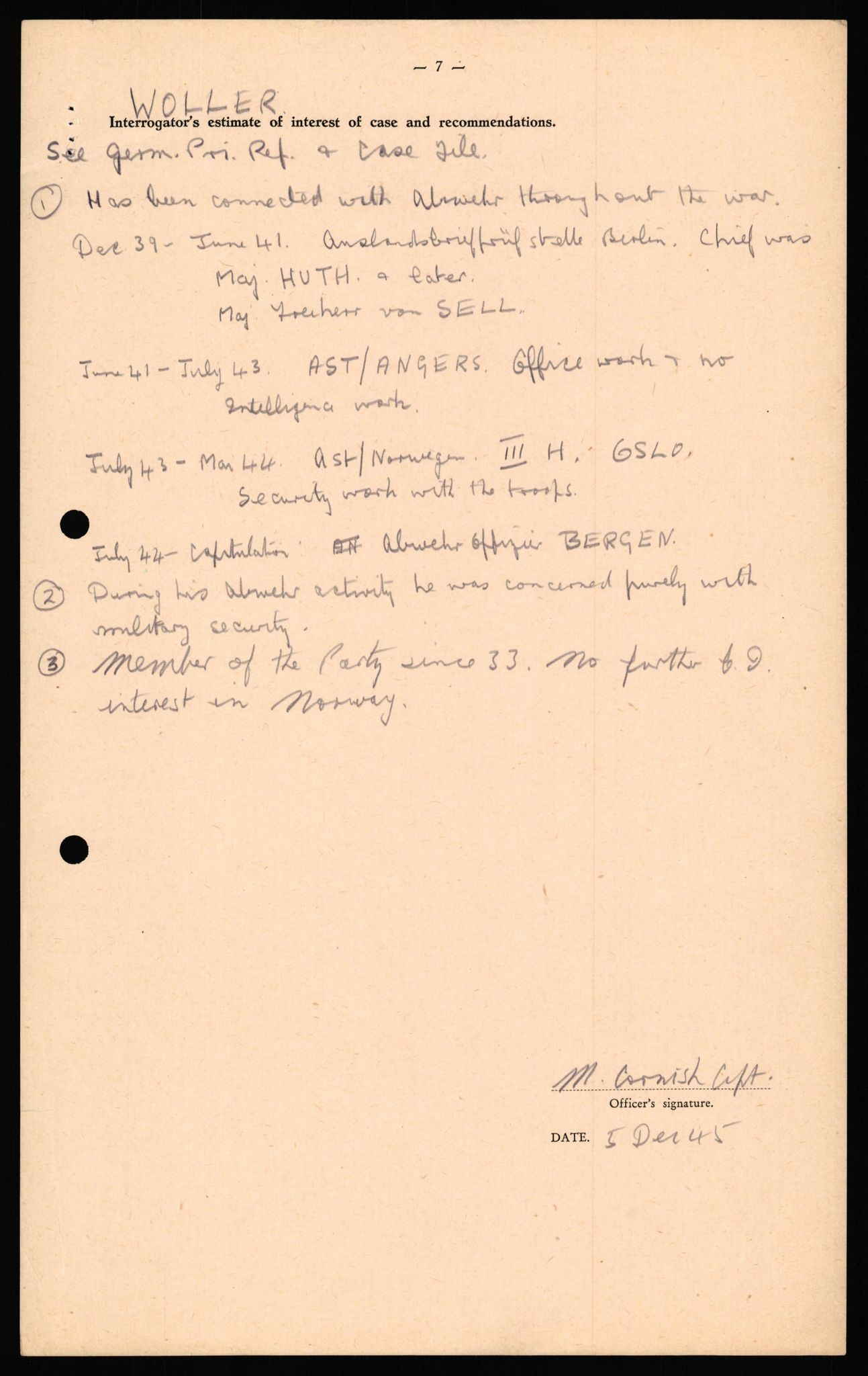 Forsvaret, Forsvarets overkommando II, AV/RA-RAFA-3915/D/Db/L0036: CI Questionaires. Tyske okkupasjonsstyrker i Norge. Tyskere., 1945-1946, s. 443