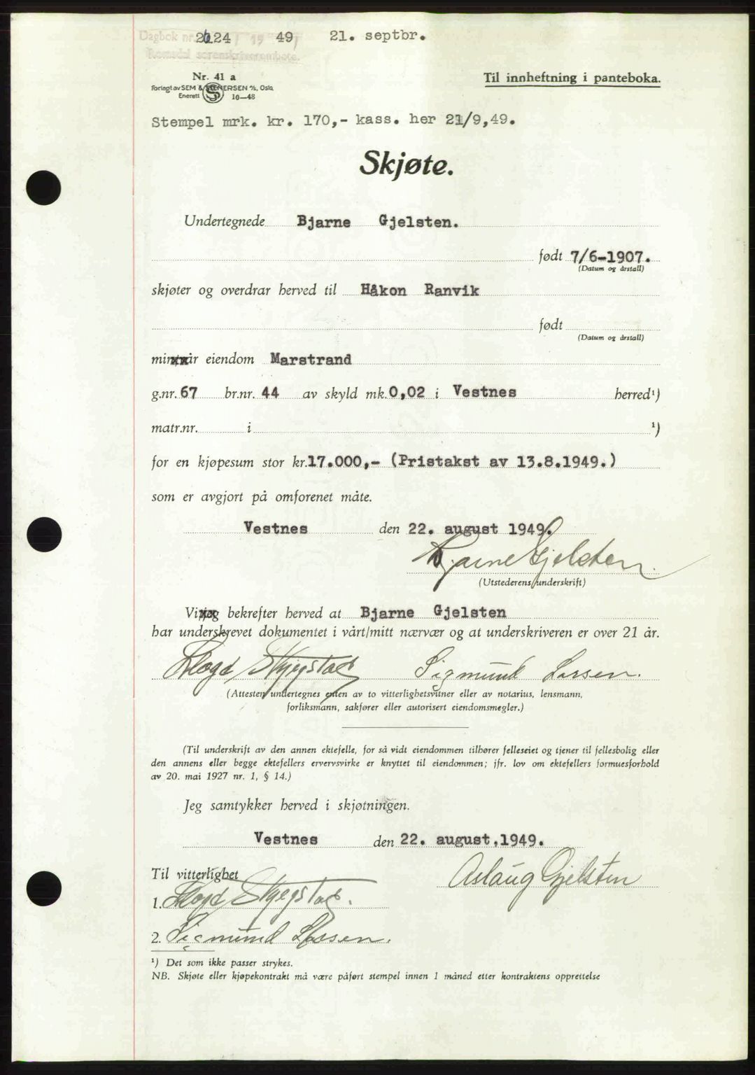 Romsdal sorenskriveri, AV/SAT-A-4149/1/2/2C: Pantebok nr. A31, 1949-1949, Dagboknr: 2624/1949