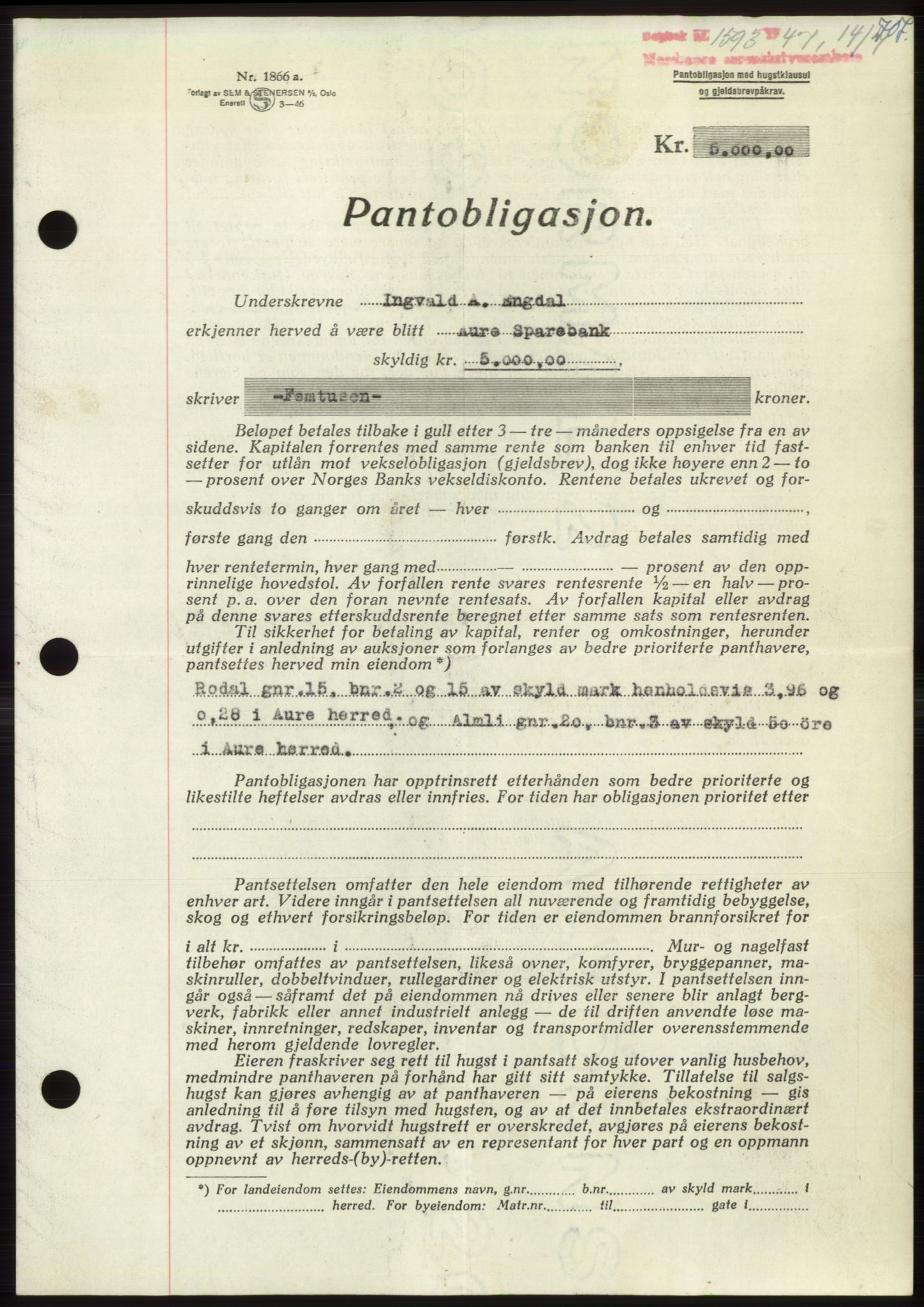 Nordmøre sorenskriveri, SAT/A-4132/1/2/2Ca: Pantebok nr. B96, 1947-1947, Dagboknr: 1593/1947
