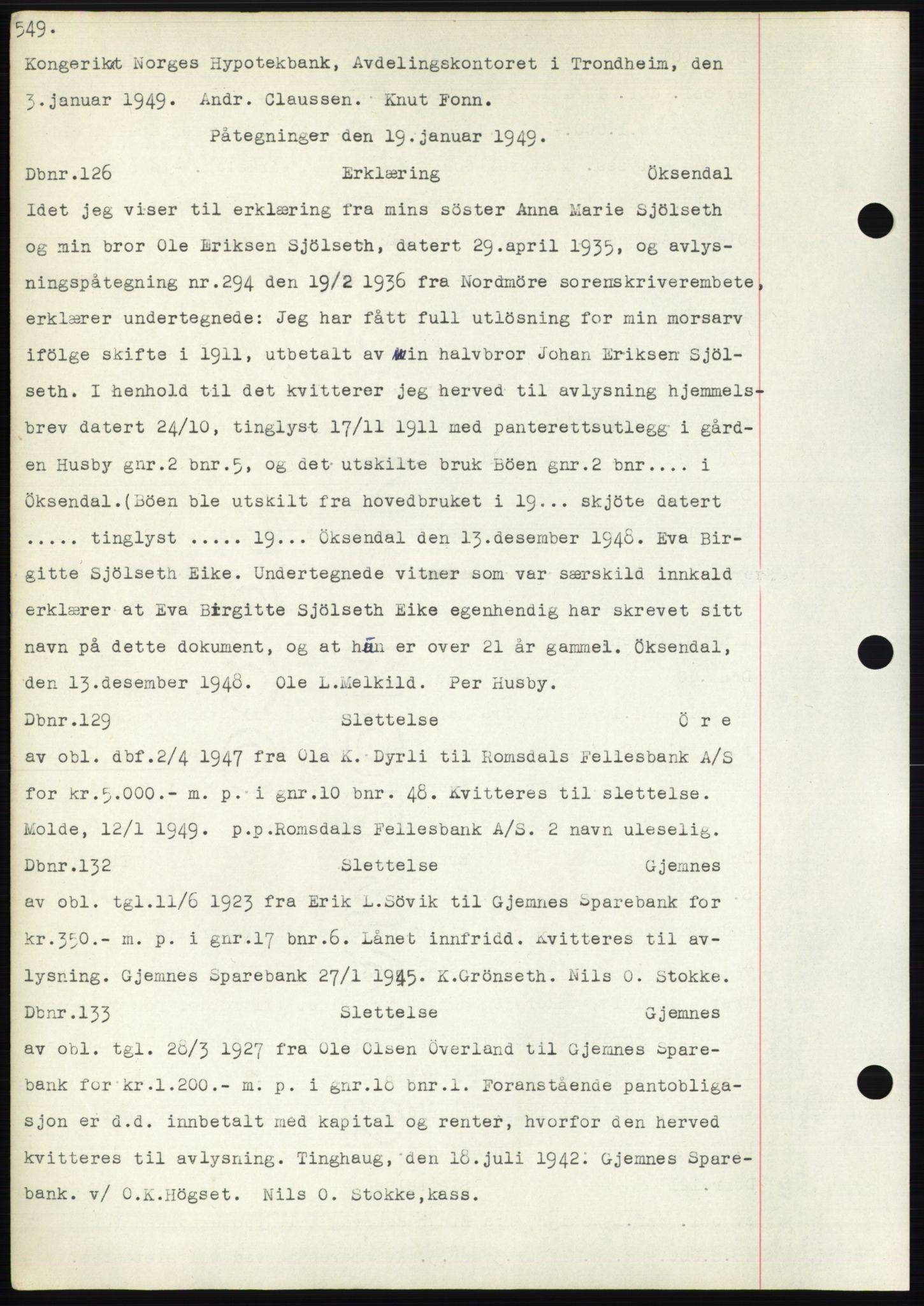 Nordmøre sorenskriveri, SAT/A-4132/1/2/2Ca: Pantebok nr. C82b, 1946-1951, Dagboknr: 126/1949