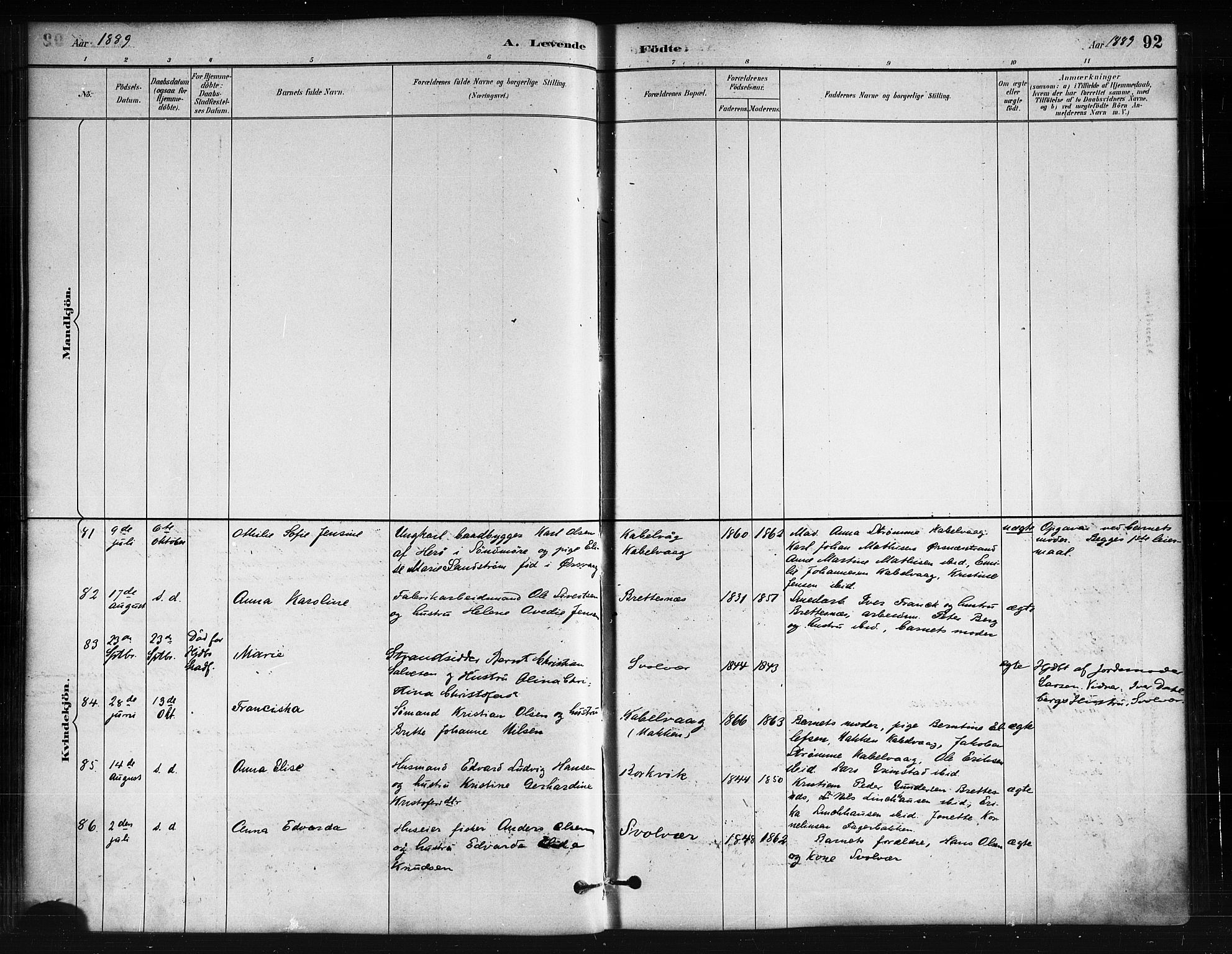 Ministerialprotokoller, klokkerbøker og fødselsregistre - Nordland, SAT/A-1459/874/L1059: Ministerialbok nr. 874A03, 1884-1890, s. 92