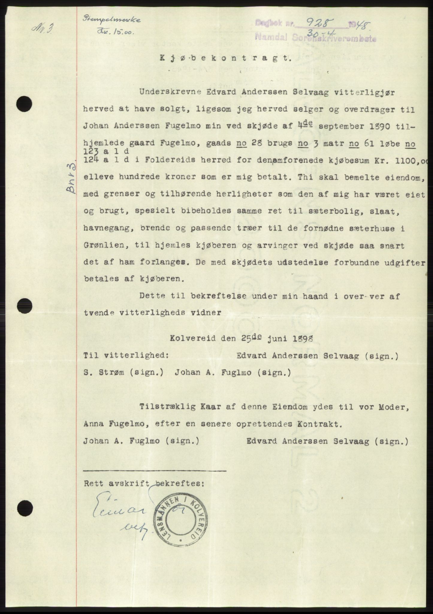 Namdal sorenskriveri, SAT/A-4133/1/2/2C: Pantebok nr. -, 1947-1948, Dagboknr: 928/1948